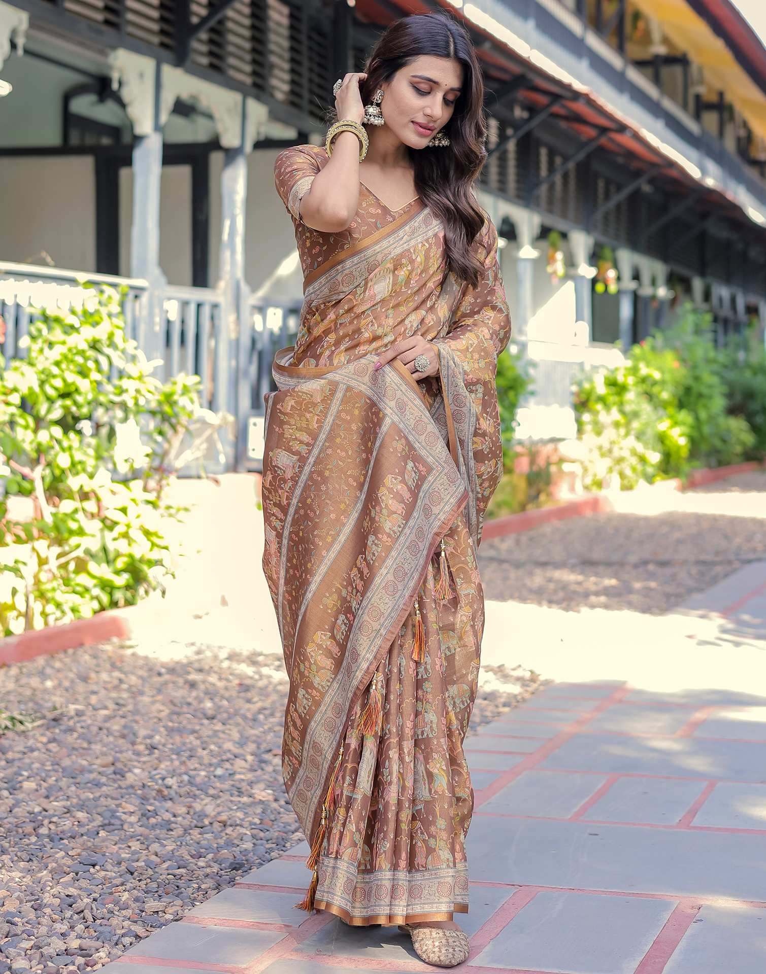 Brown Shimmer Silk Printed Saree