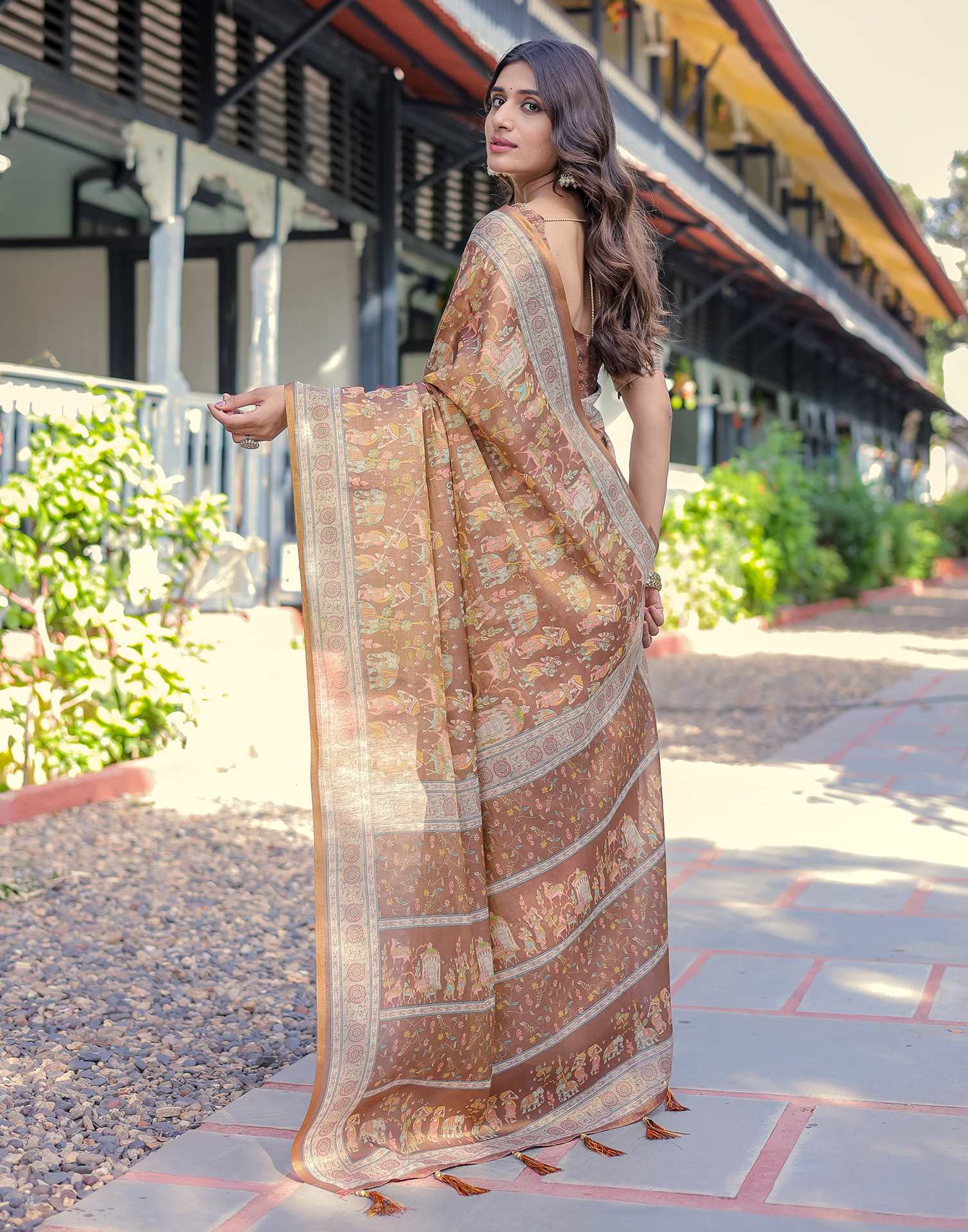 Brown Shimmer Silk Printed Saree