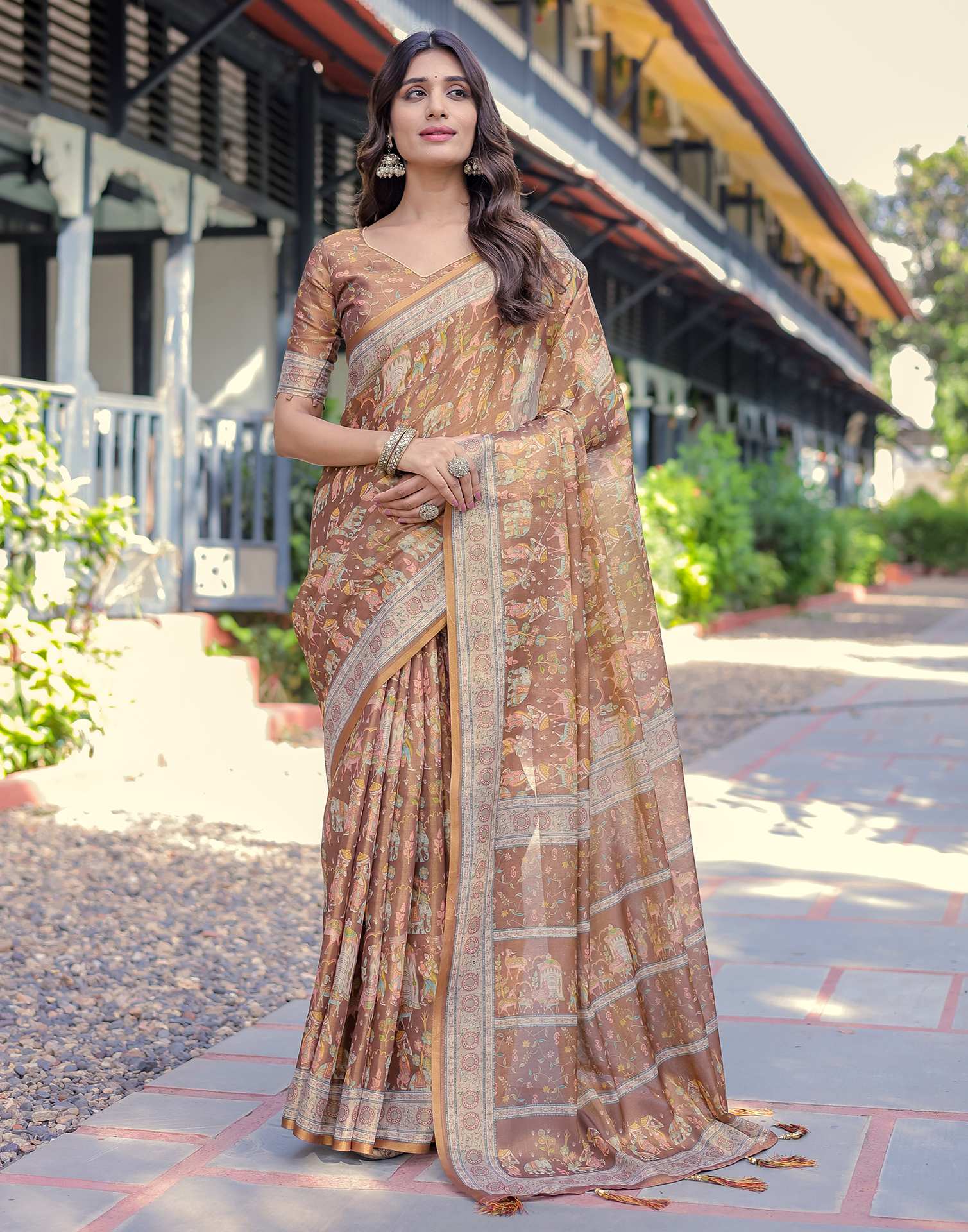 Brown Shimmer Silk Printed Saree
