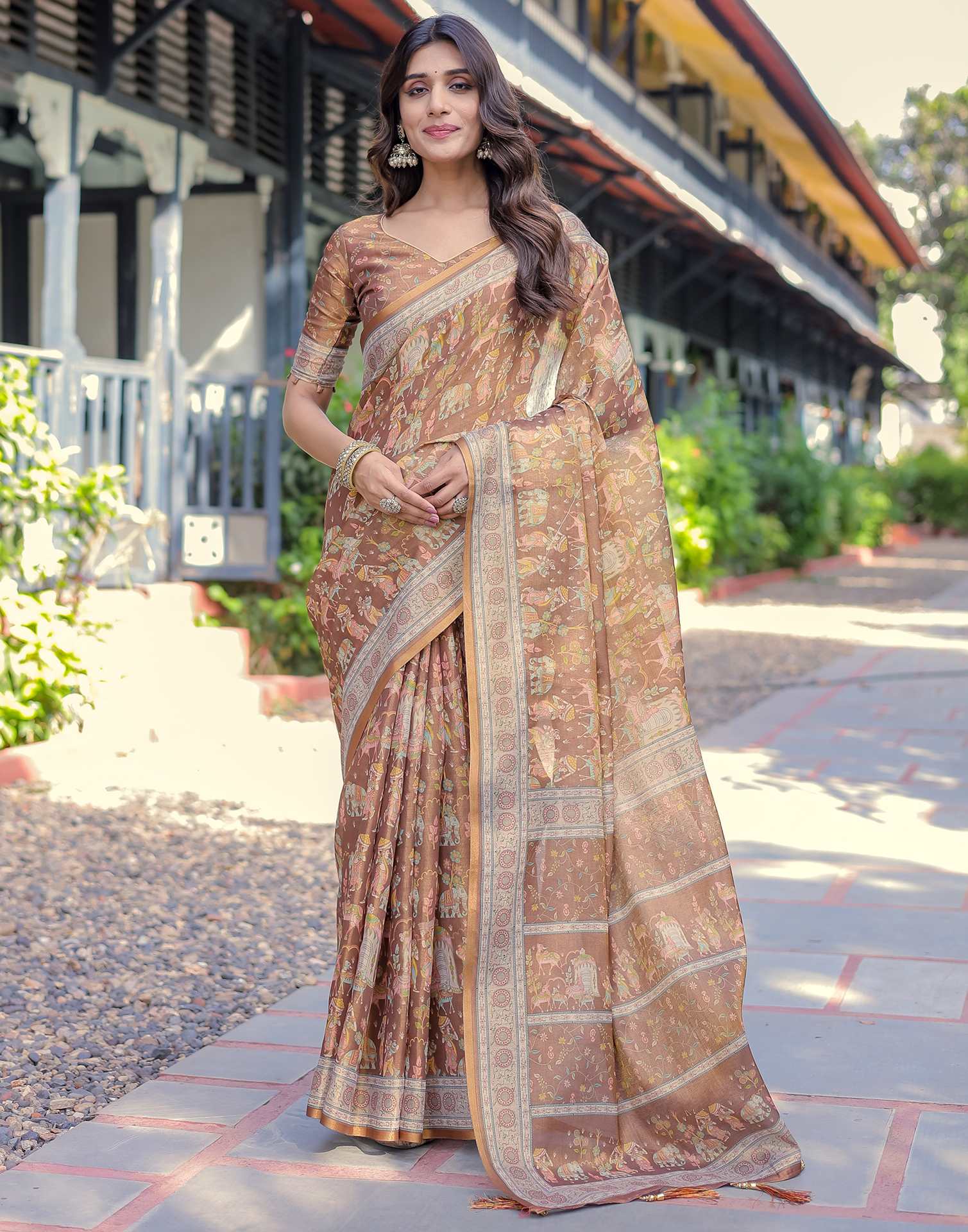 Brown Shimmer Silk Printed Saree