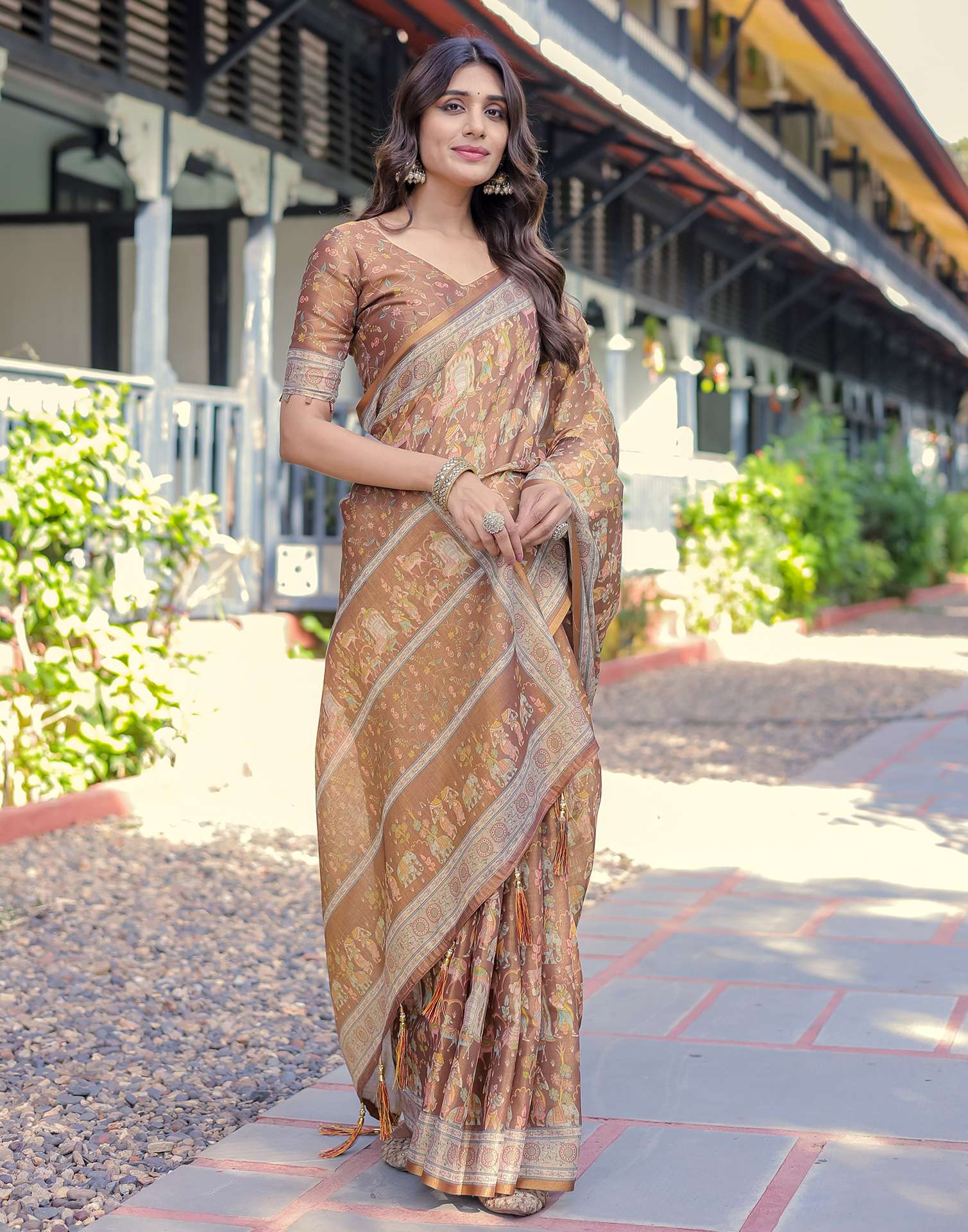 Brown Shimmer Silk Printed Saree