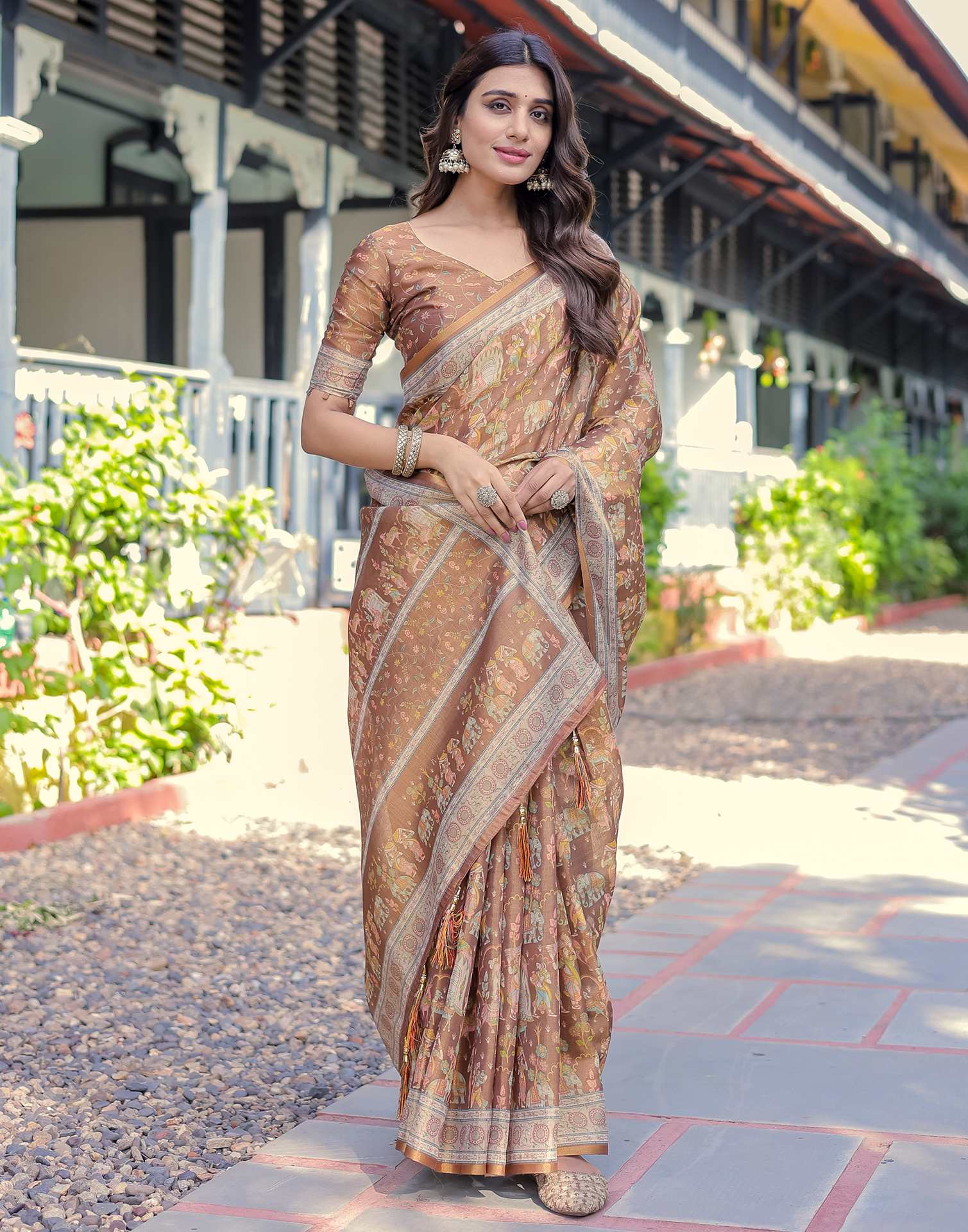 Brown Shimmer Silk Printed Saree
