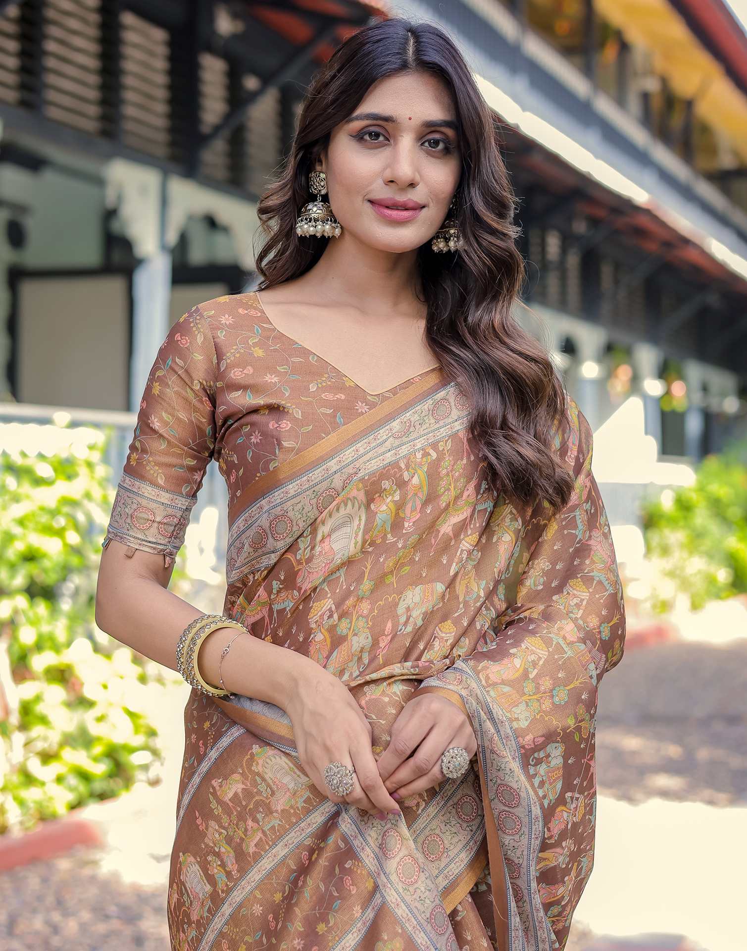 Brown Shimmer Silk Printed Saree