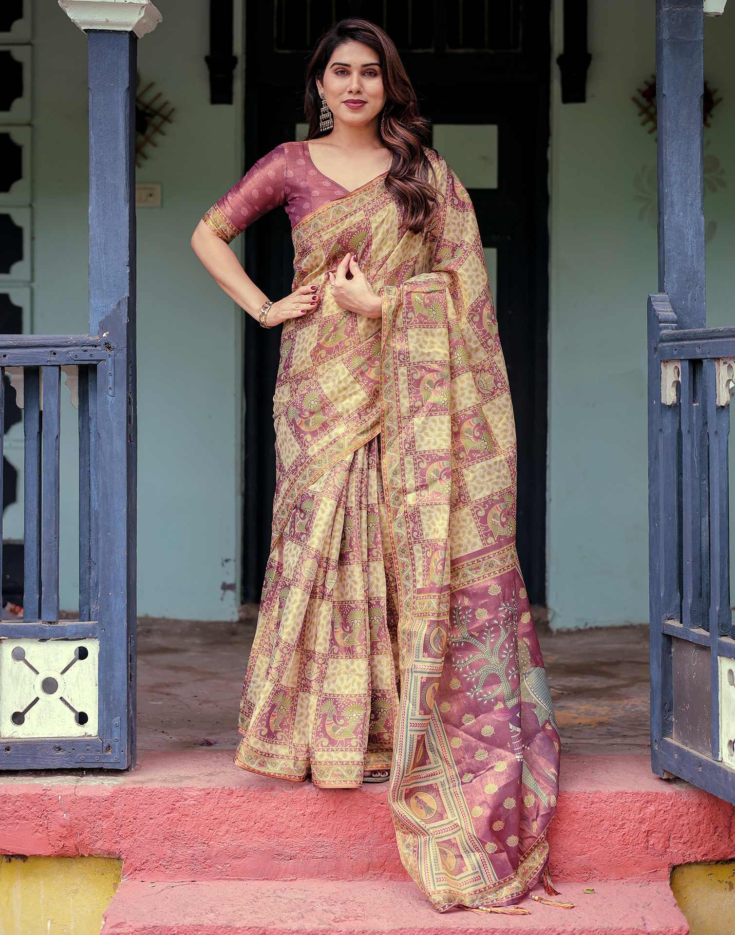 Dull Purple Shimmer Silk Printed Saree