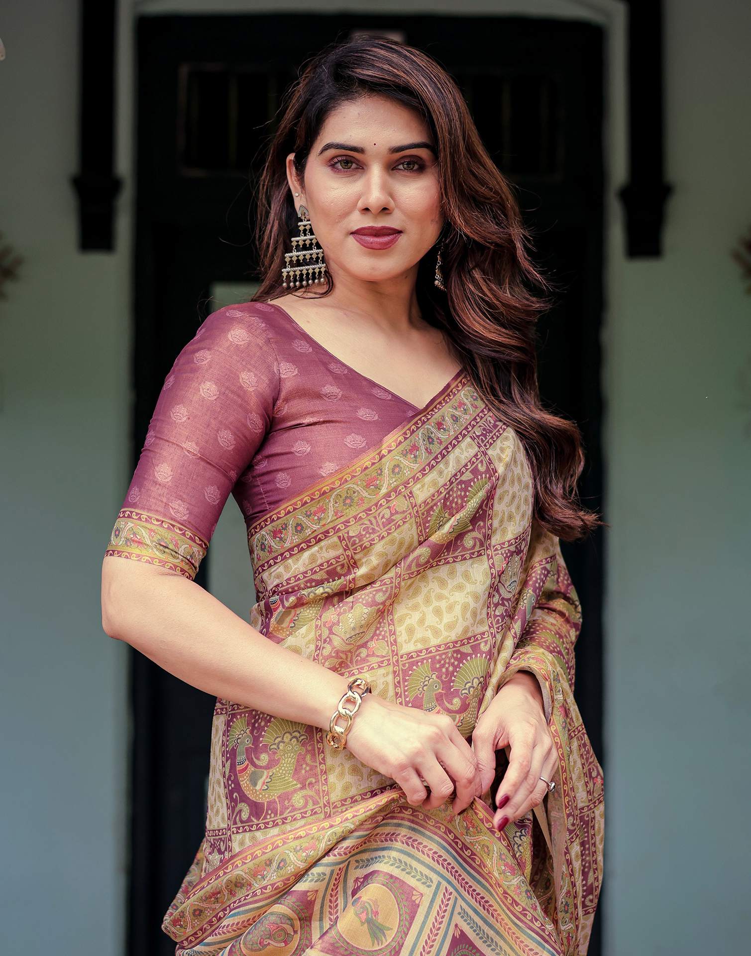 Dull Purple Shimmer Silk Printed Saree