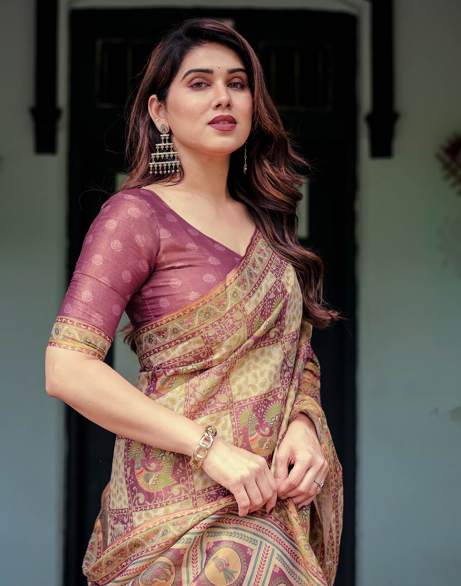 Dull Purple Shimmer Silk Printed Saree