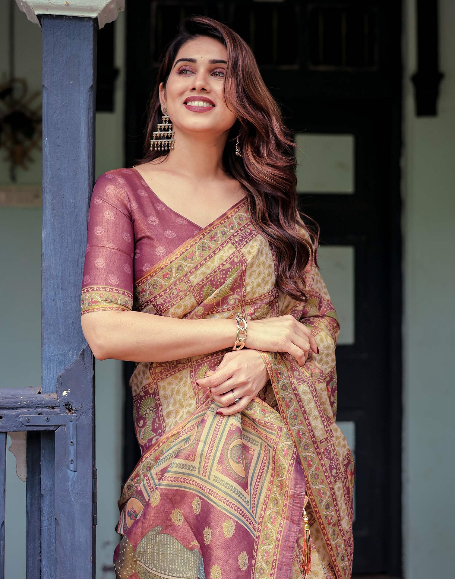 Dull Purple Shimmer Silk Printed Saree