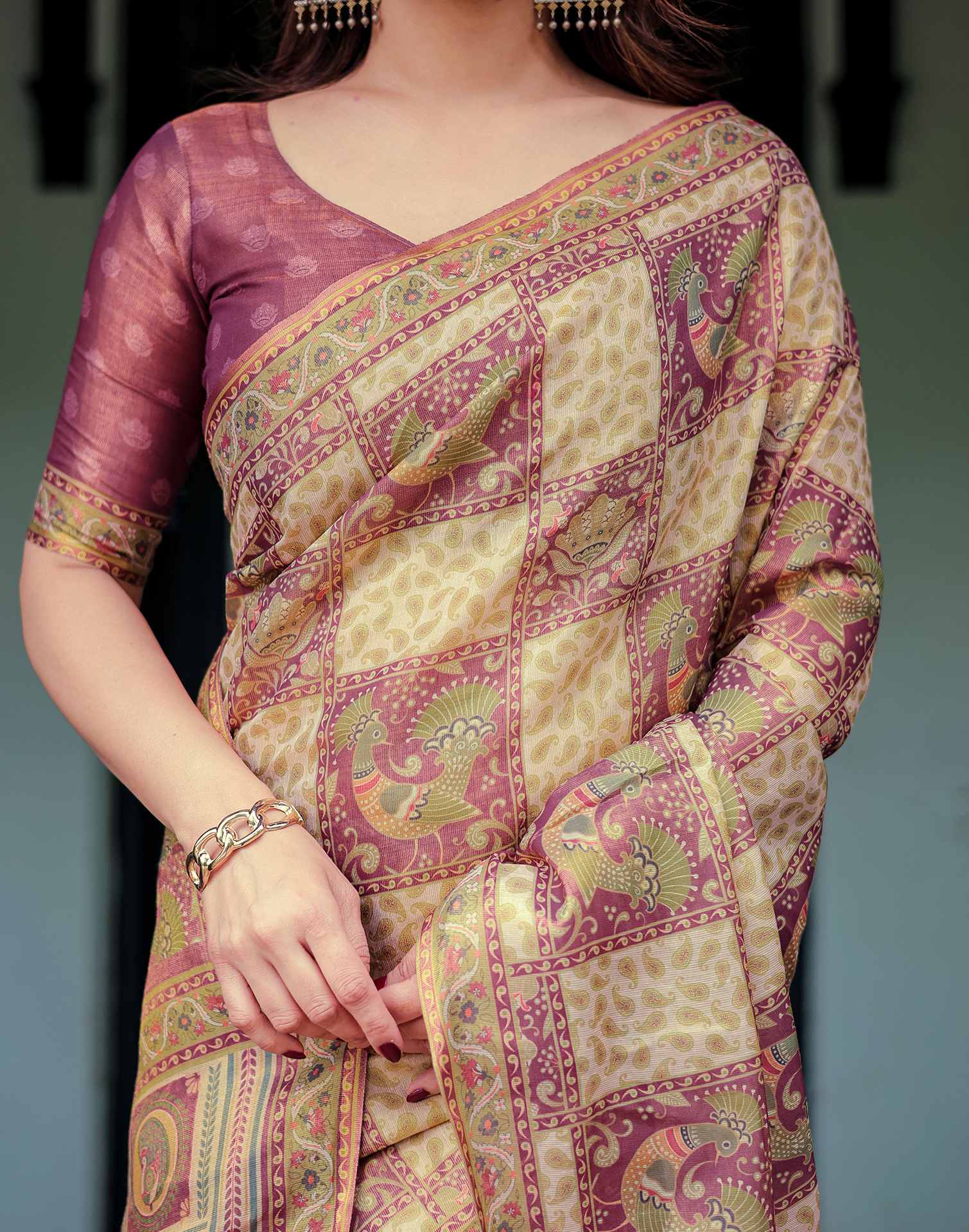 Dull Purple Shimmer Silk Printed Saree