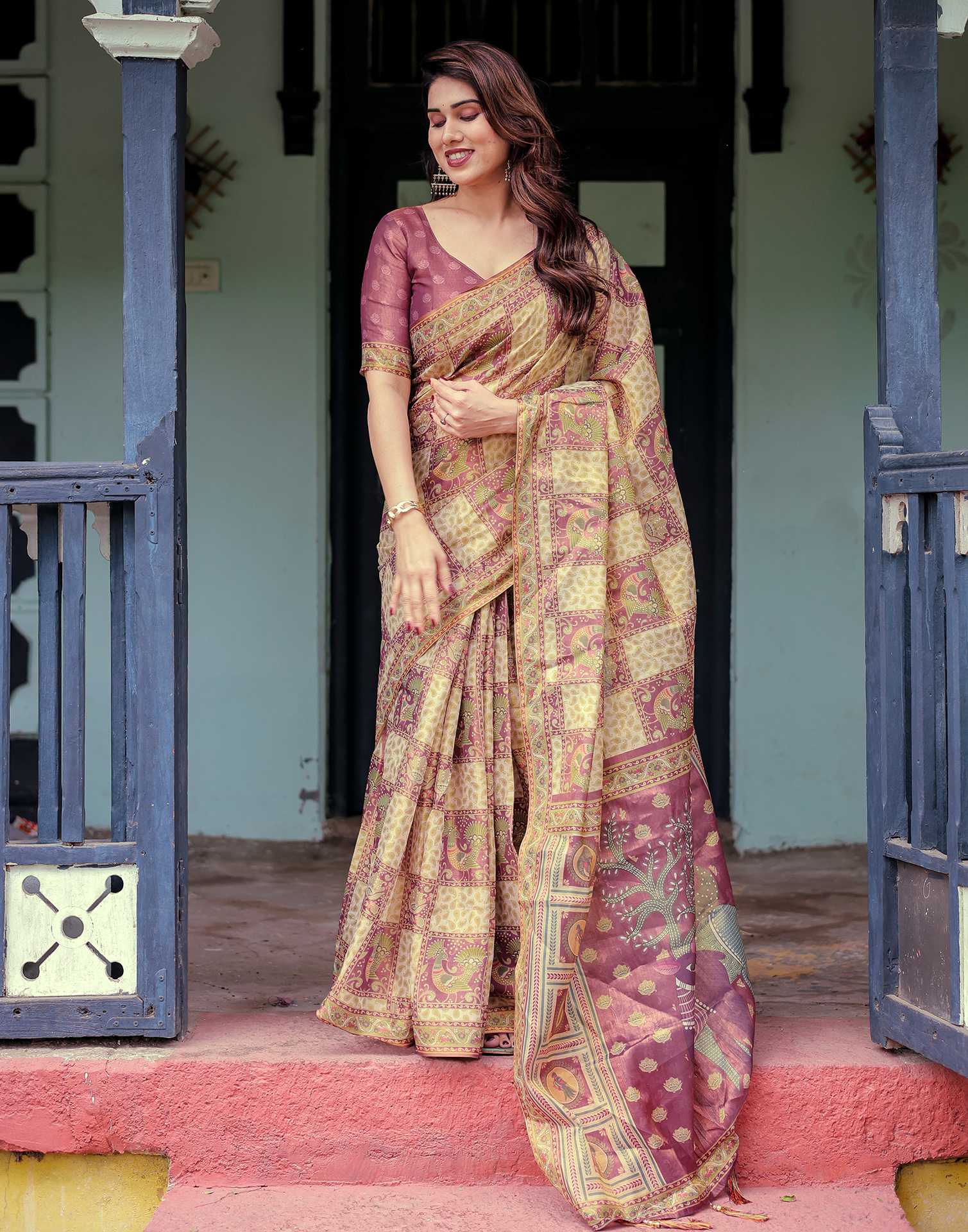 Dull Purple Shimmer Silk Printed Saree
