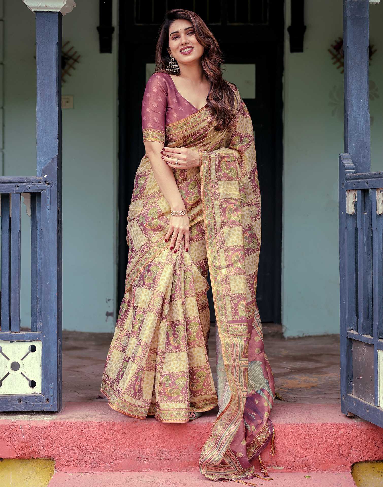 Dull Purple Shimmer Silk Printed Saree