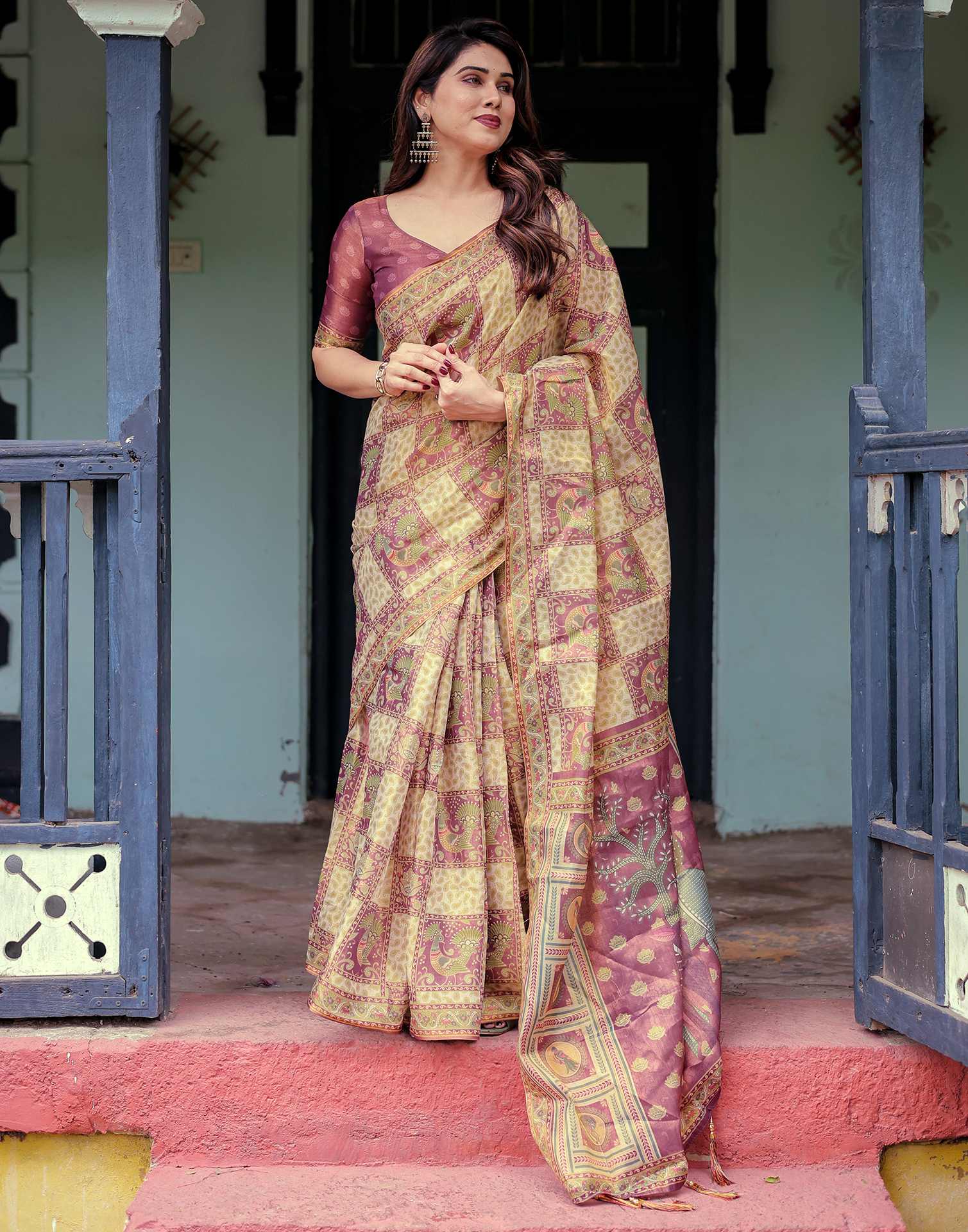 Dull Purple Shimmer Silk Printed Saree