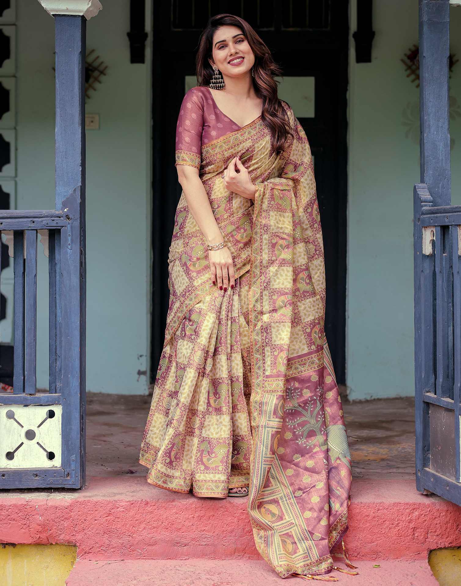 Dull Purple Shimmer Silk Printed Saree