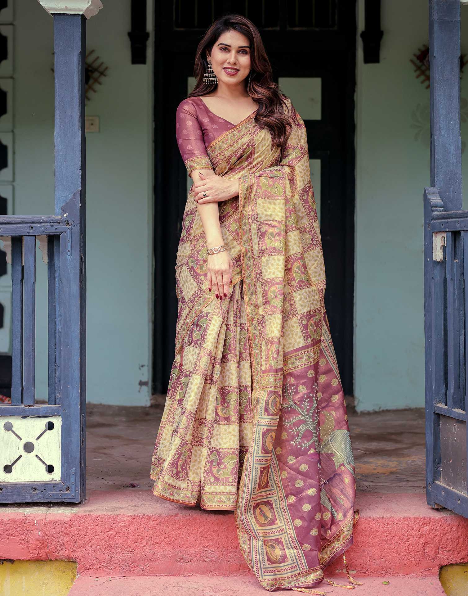 Dull Purple Shimmer Silk Printed Saree