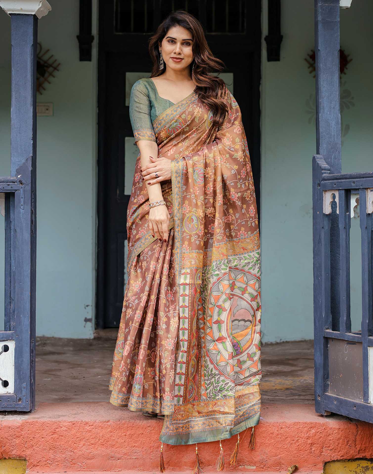 Brown Shimmer Silk Printed Kalamkari Saree