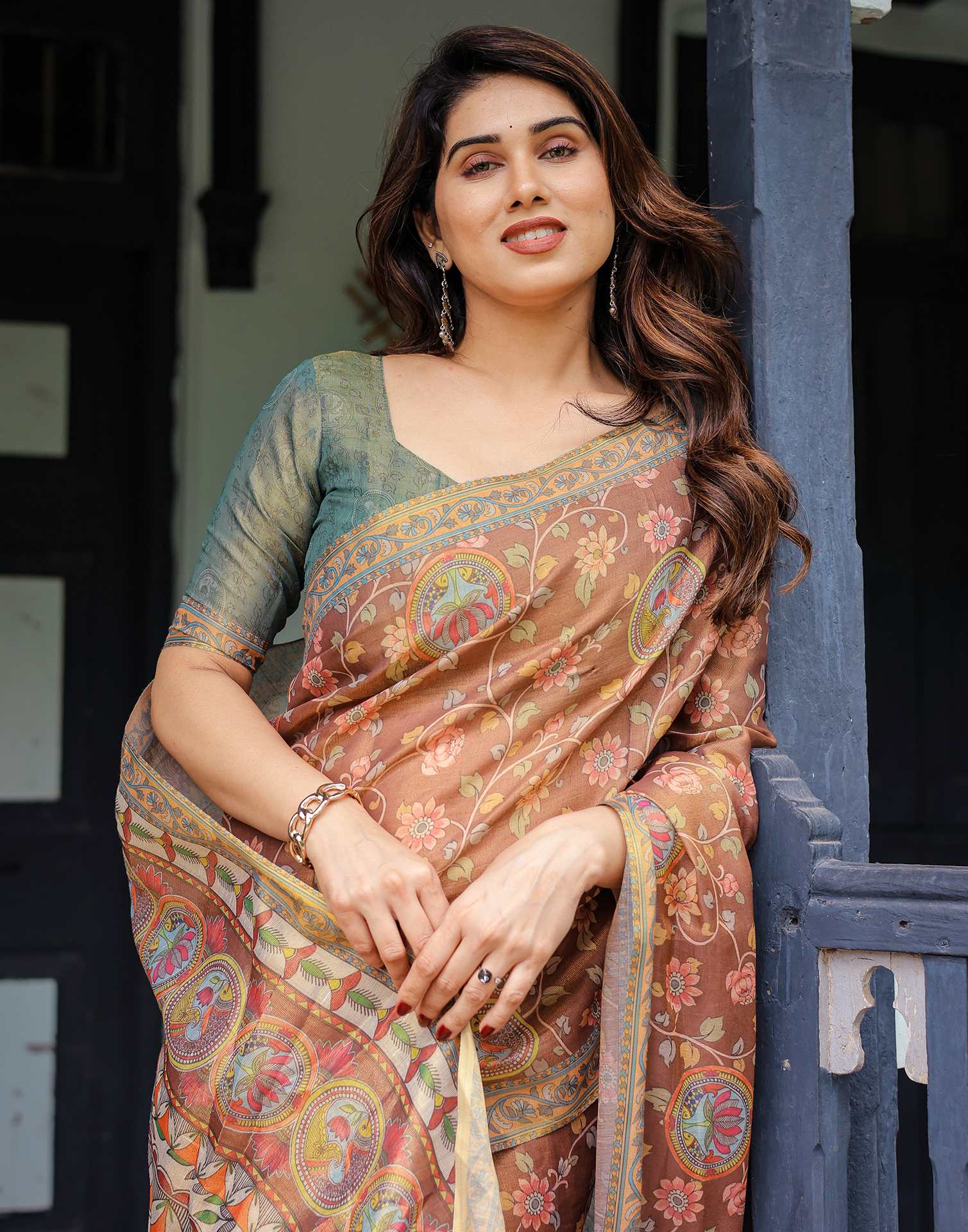 Brown Shimmer Silk Printed Kalamkari Saree