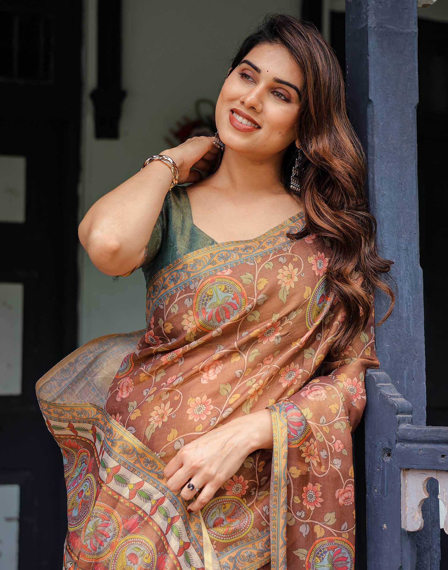 Brown Shimmer Silk Printed Kalamkari Saree