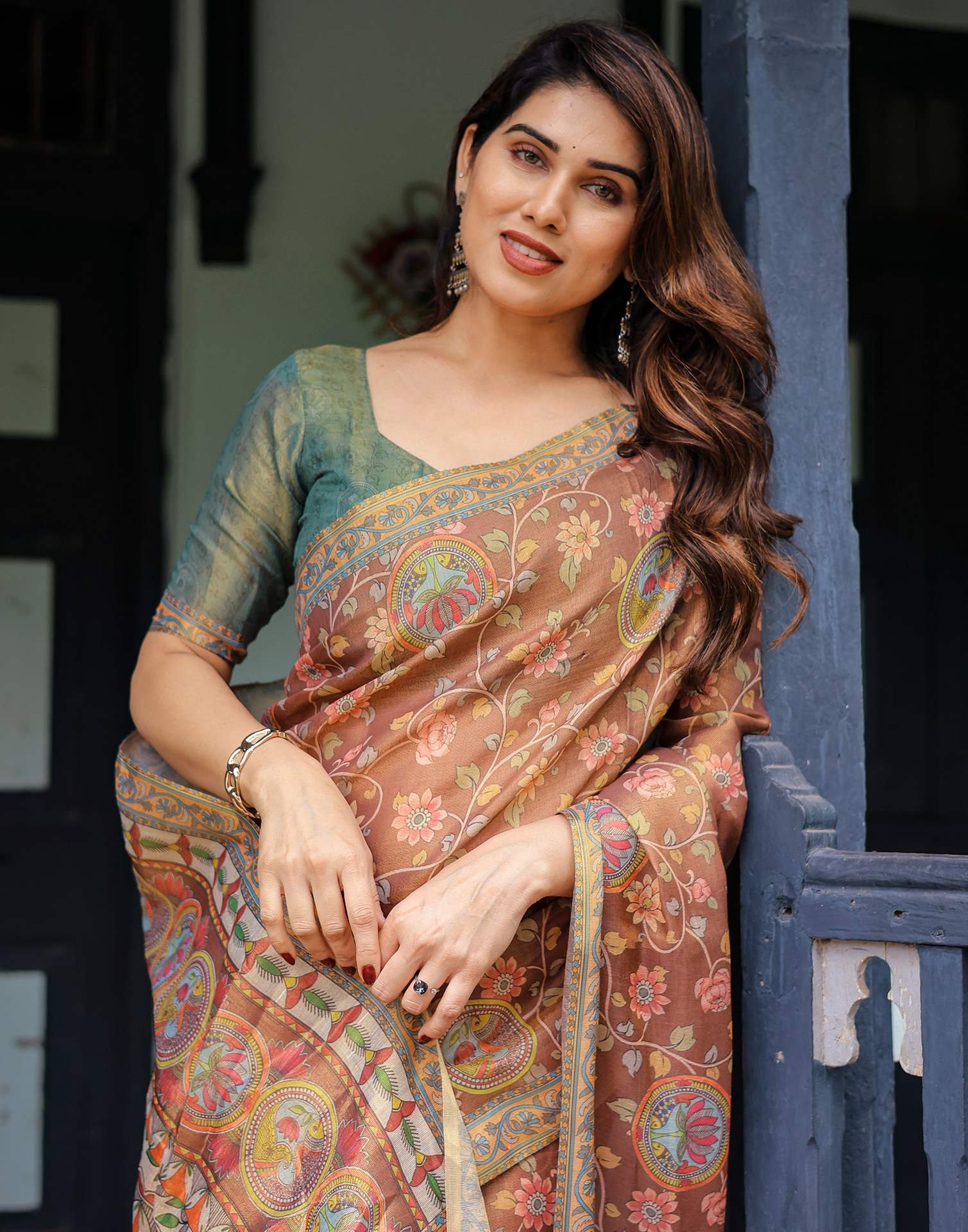 Brown Shimmer Silk Printed Kalamkari Saree