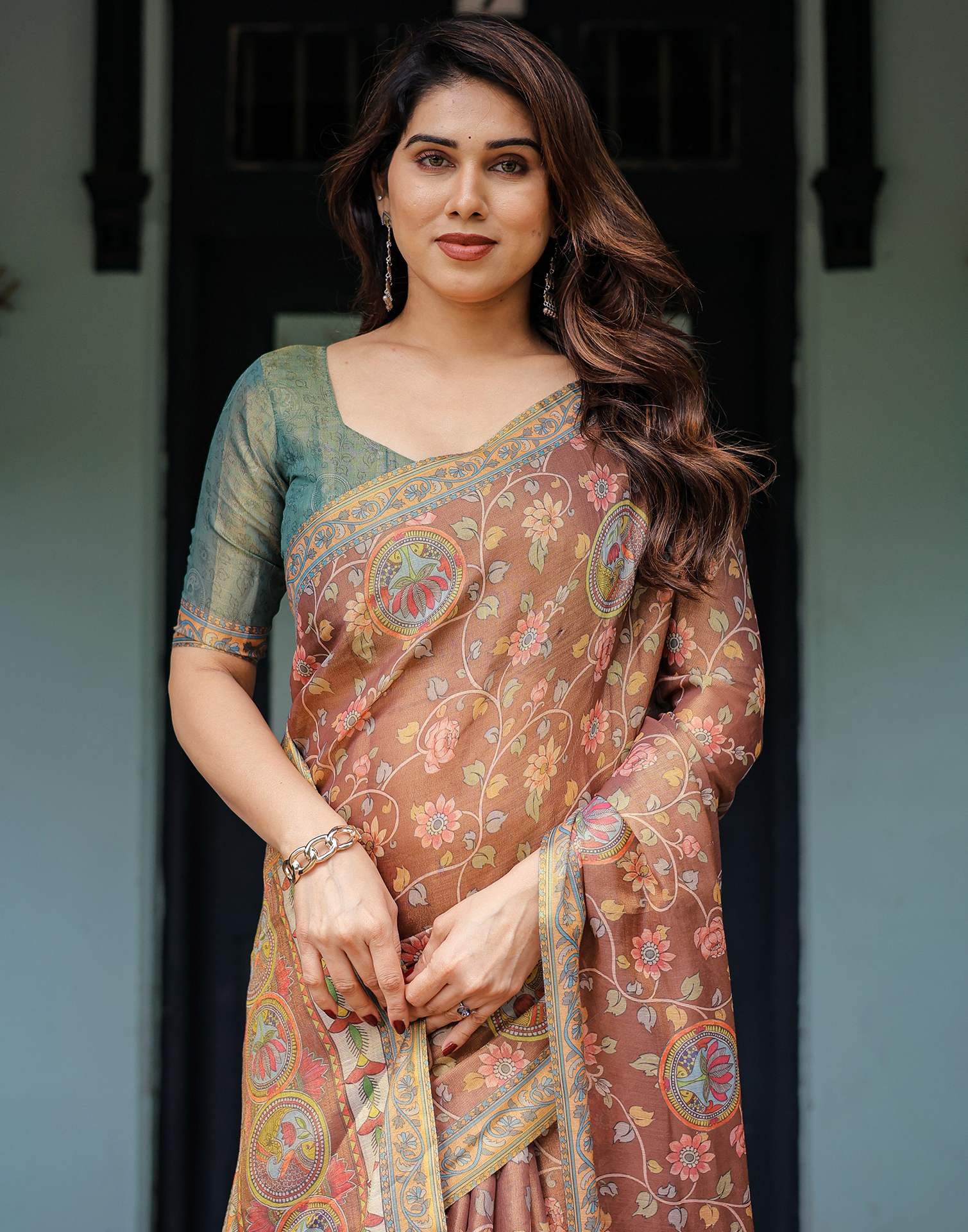 Brown Shimmer Silk Printed Kalamkari Saree