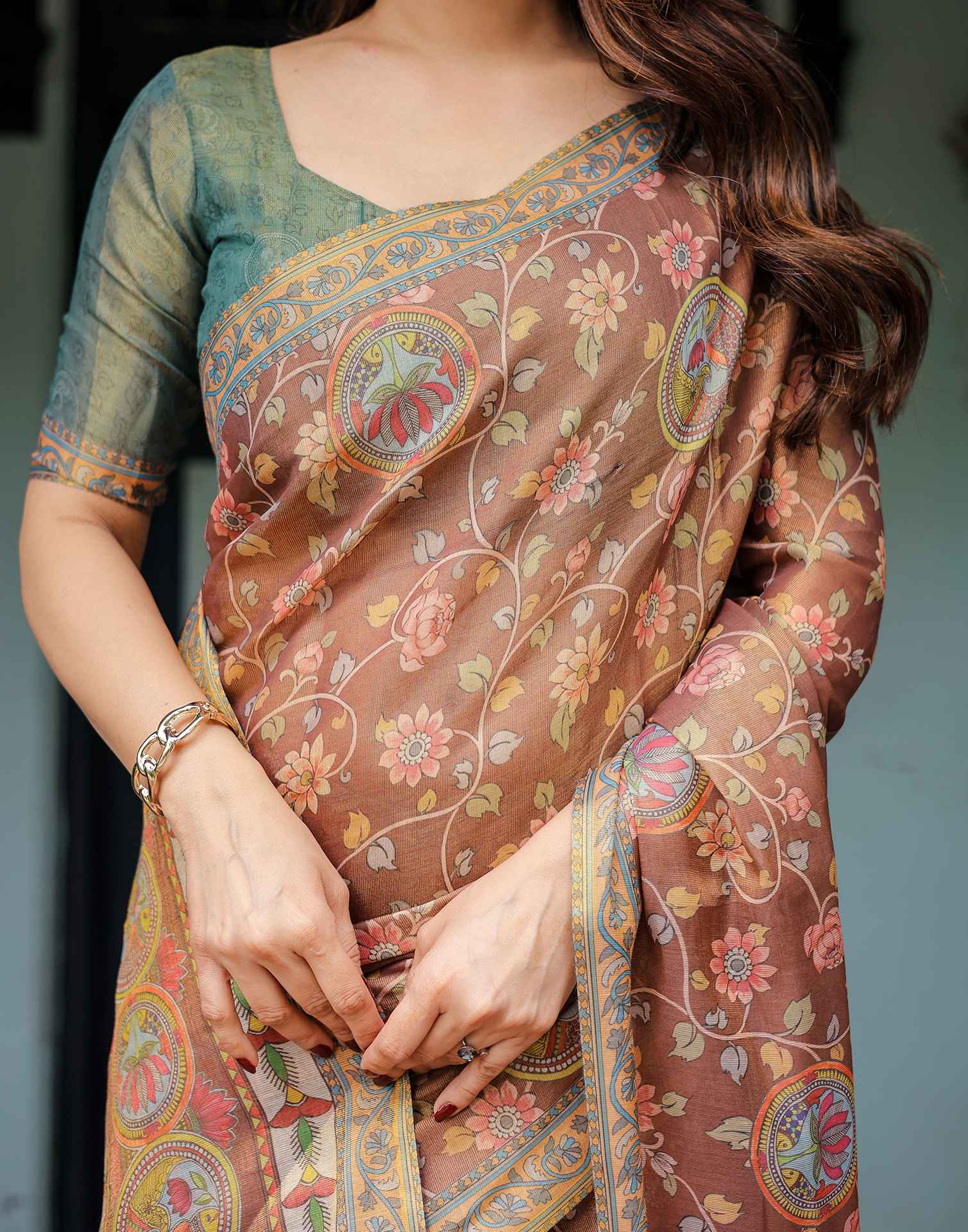 Brown Shimmer Silk Printed Kalamkari Saree