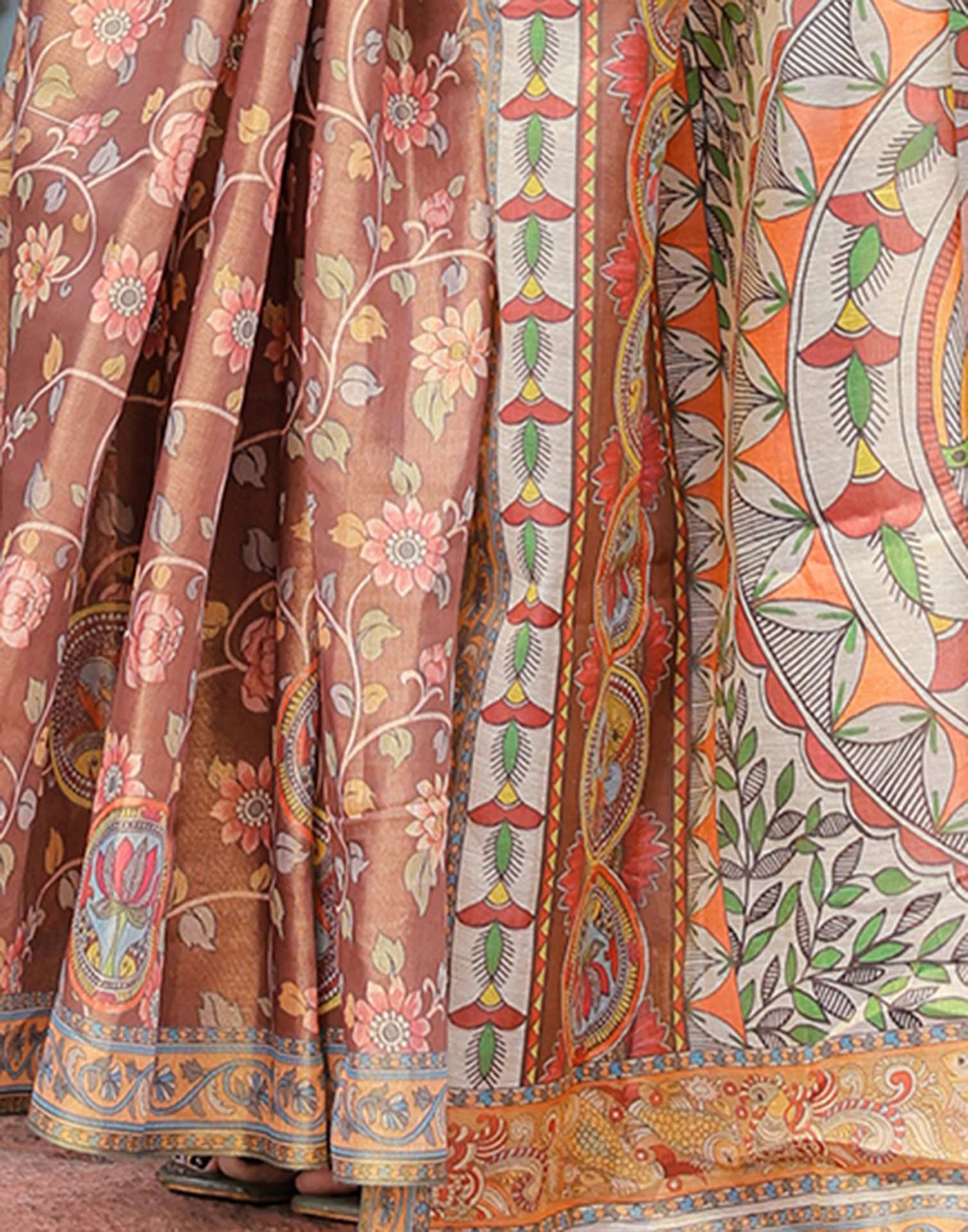 Brown Shimmer Silk Printed Kalamkari Saree