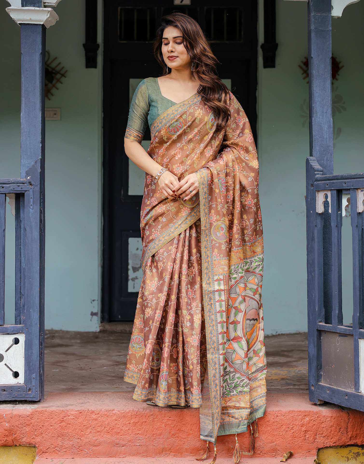 Brown Shimmer Silk Printed Kalamkari Saree