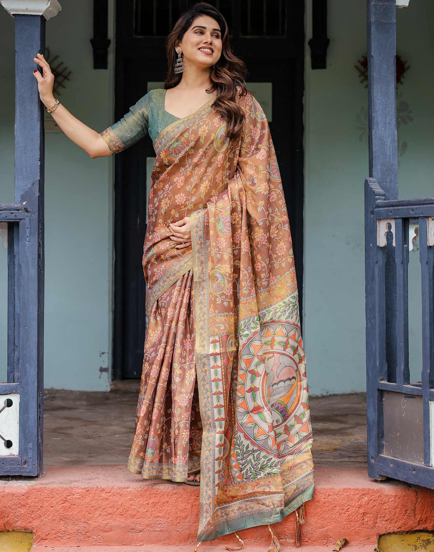 Brown Shimmer Silk Printed Kalamkari Saree