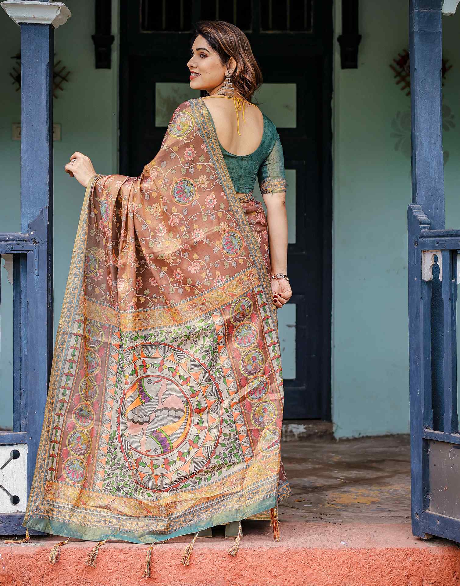 Brown Shimmer Silk Printed Kalamkari Saree