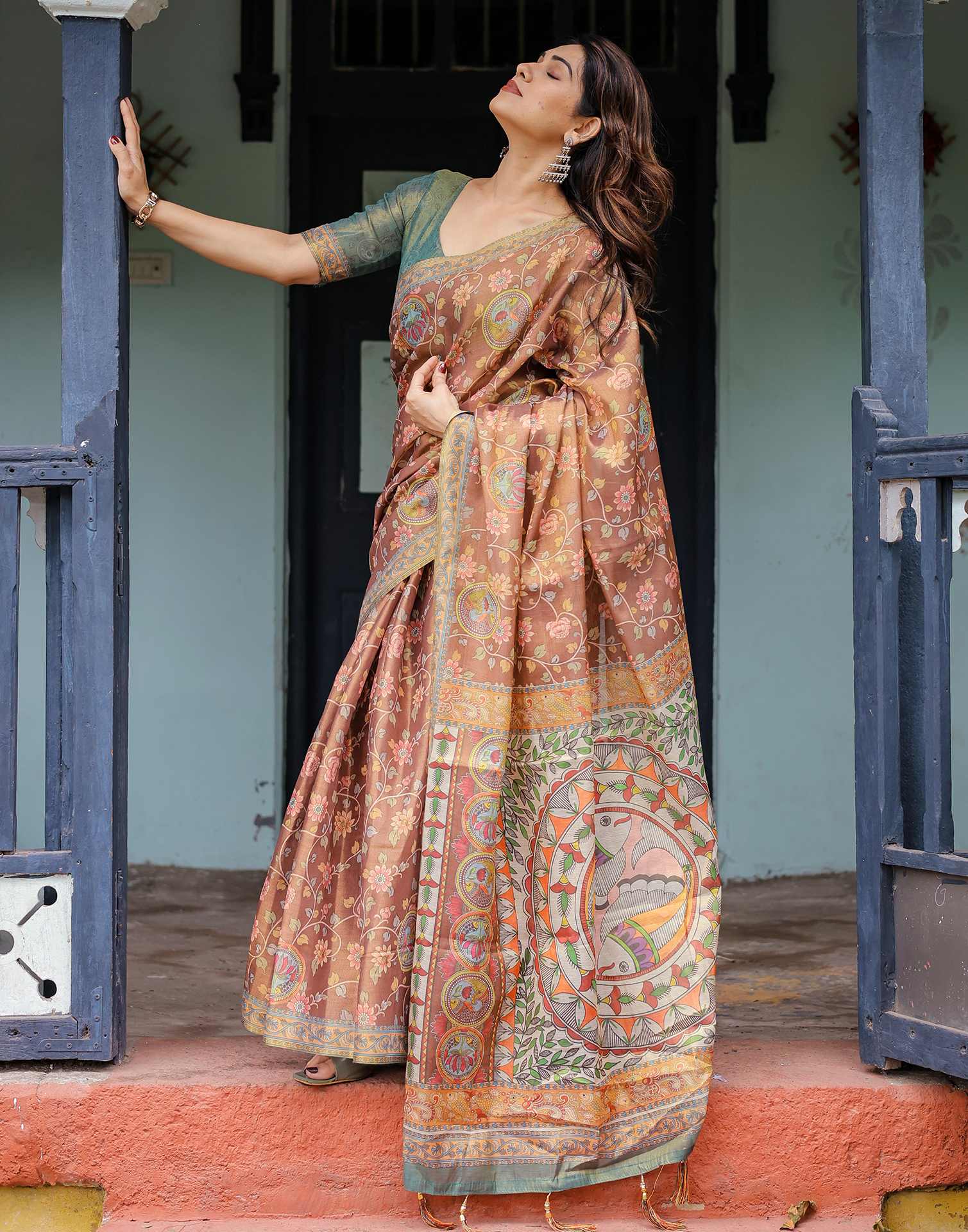 Brown Shimmer Silk Printed Kalamkari Saree