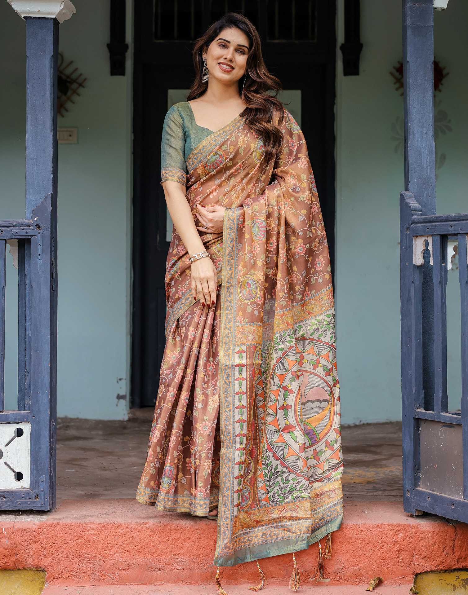 Brown Shimmer Silk Printed Kalamkari Saree