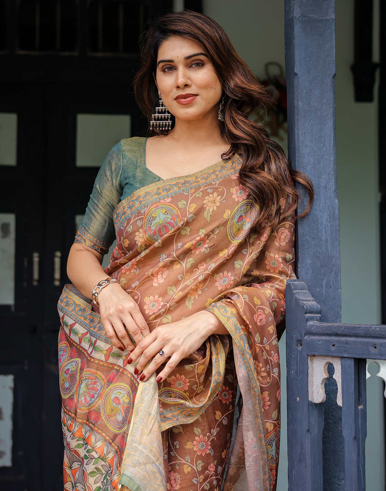 Brown Shimmer Silk Printed Kalamkari Saree