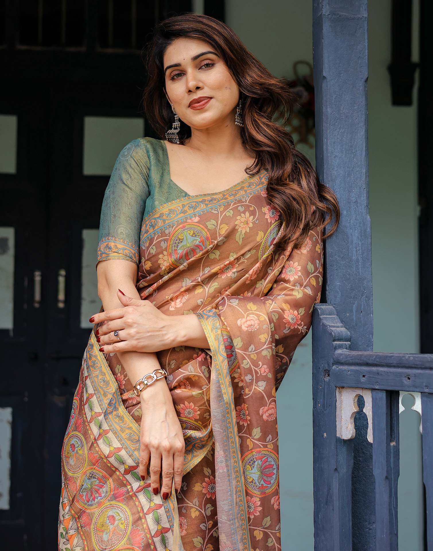 Brown Shimmer Silk Printed Kalamkari Saree