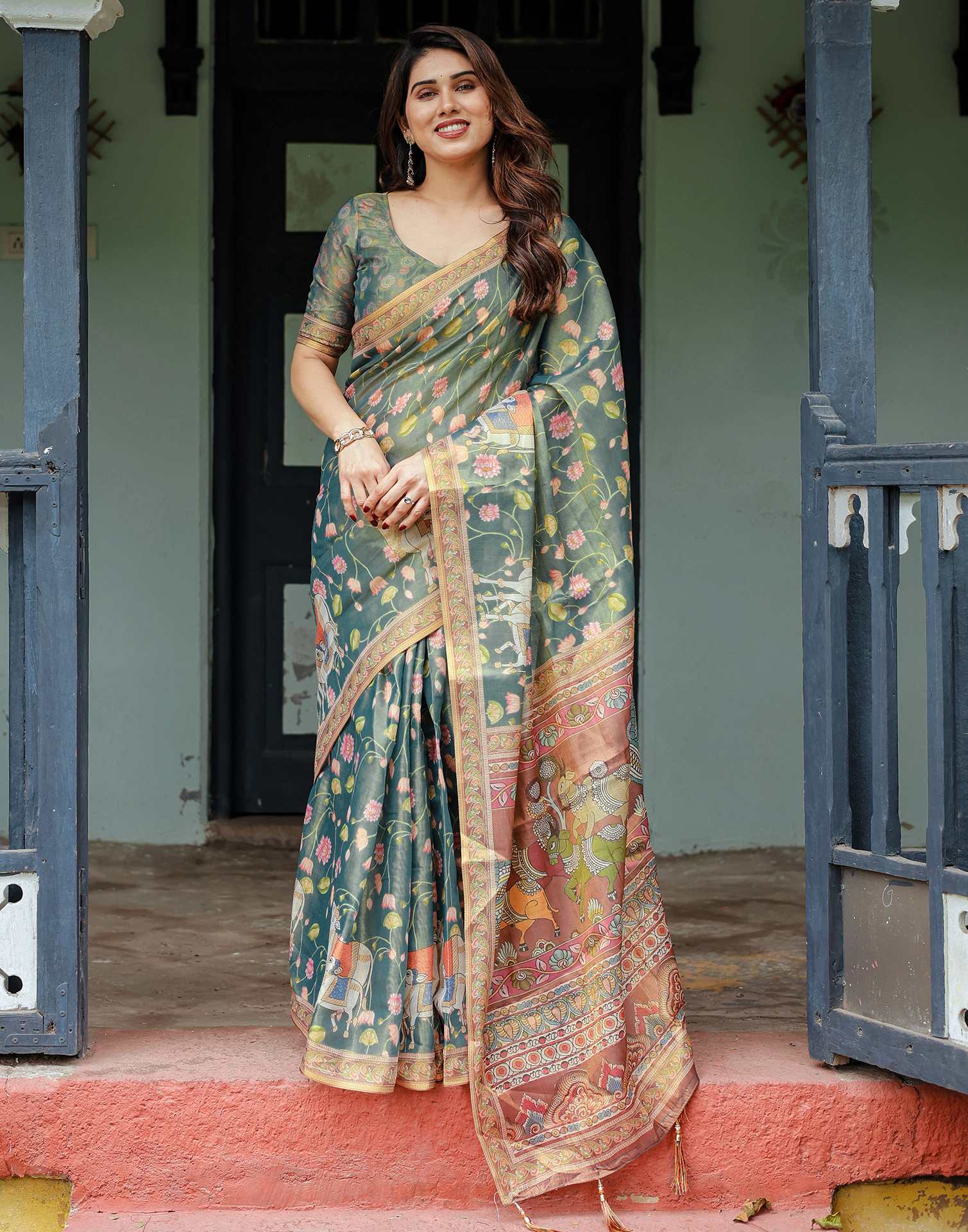 Teal Green Shimmer Silk Printed Kalamkari Saree