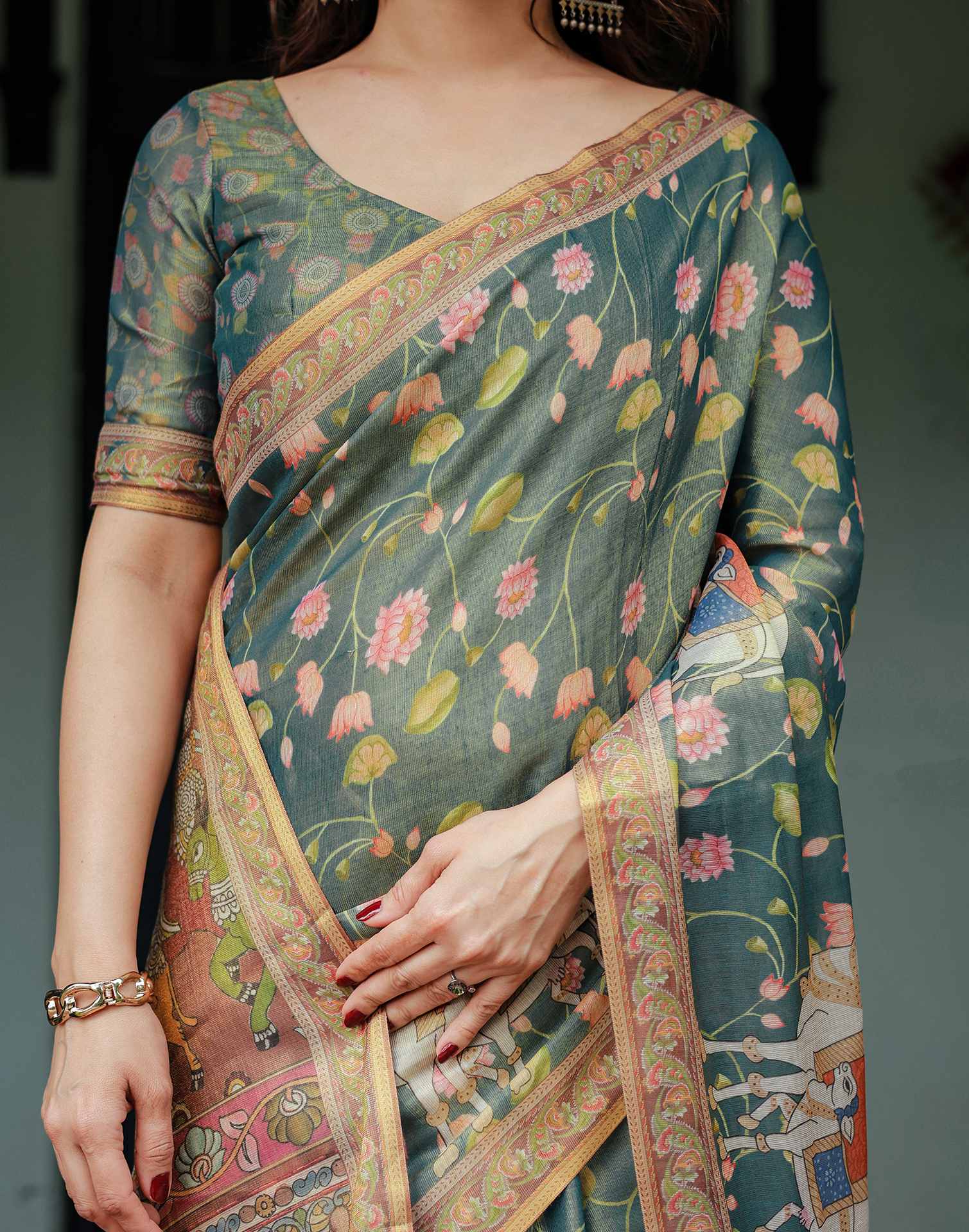 Teal Green Shimmer Silk Printed Kalamkari Saree