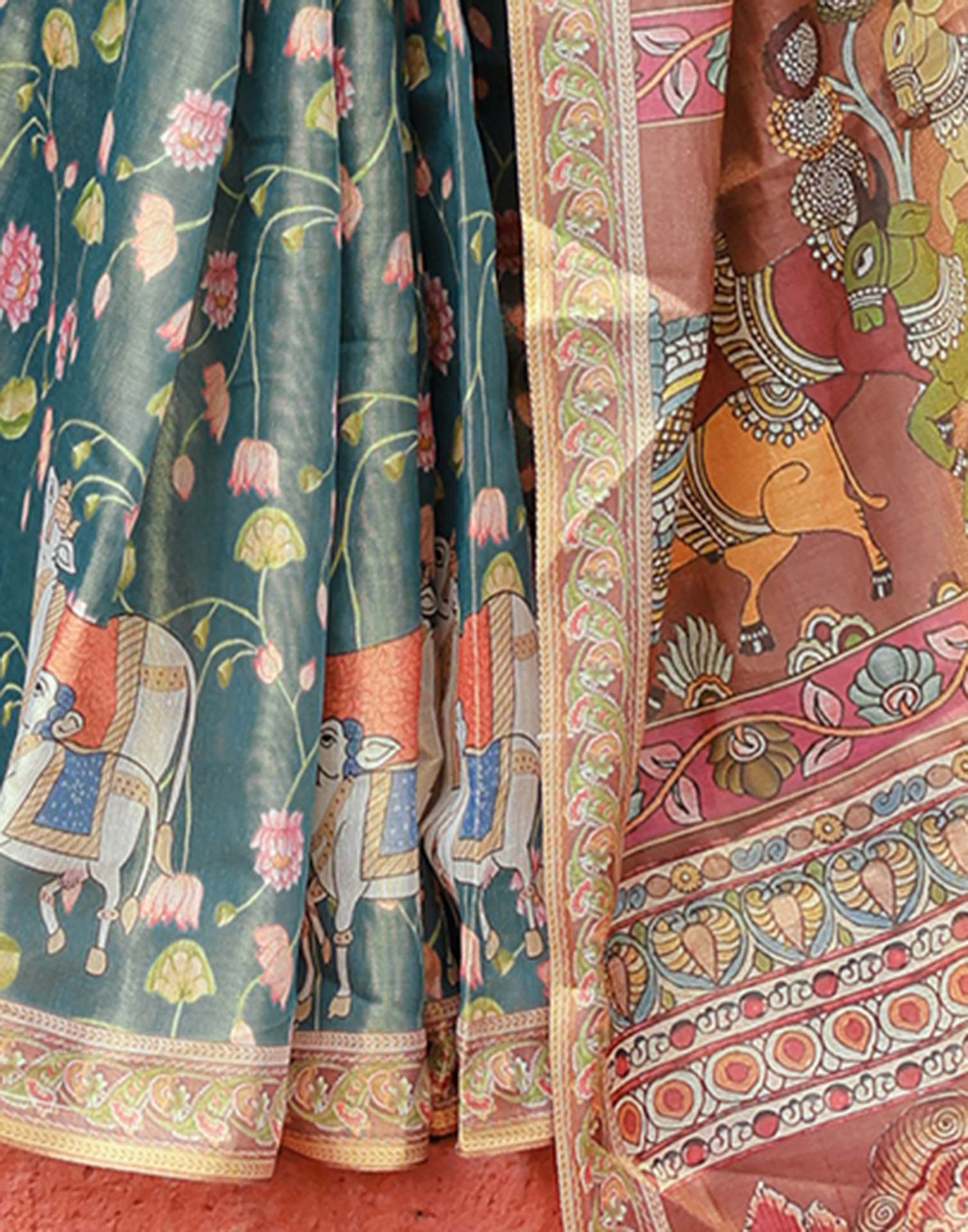 Teal Green Shimmer Silk Printed Kalamkari Saree