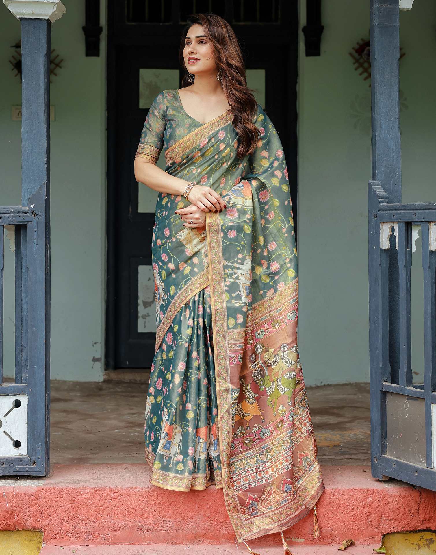 Teal Green Shimmer Silk Printed Kalamkari Saree