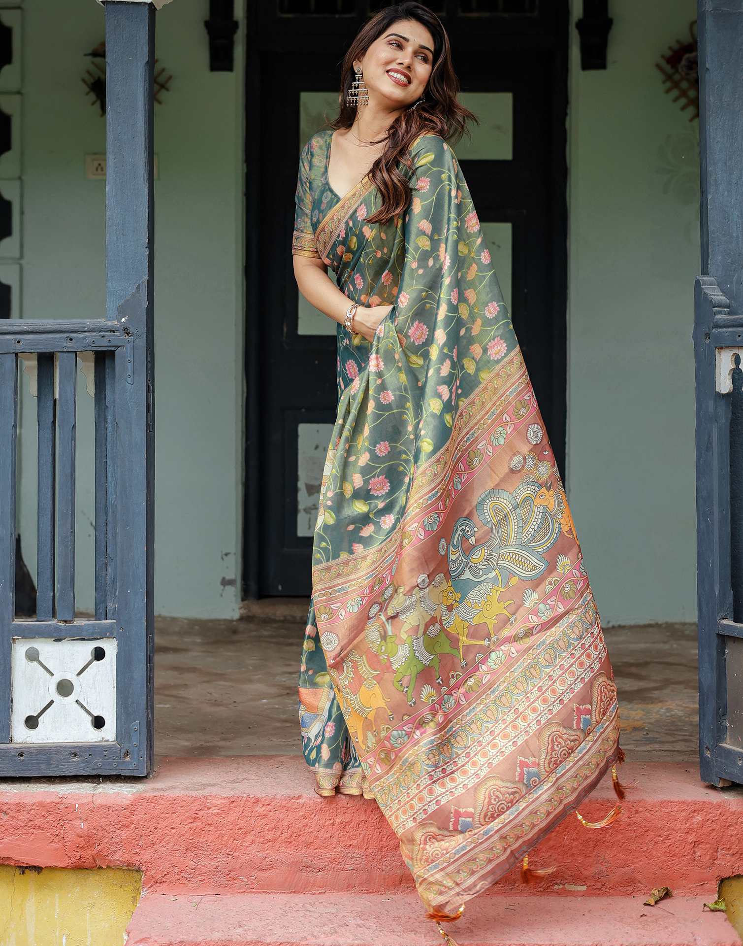 Teal Green Shimmer Silk Printed Kalamkari Saree