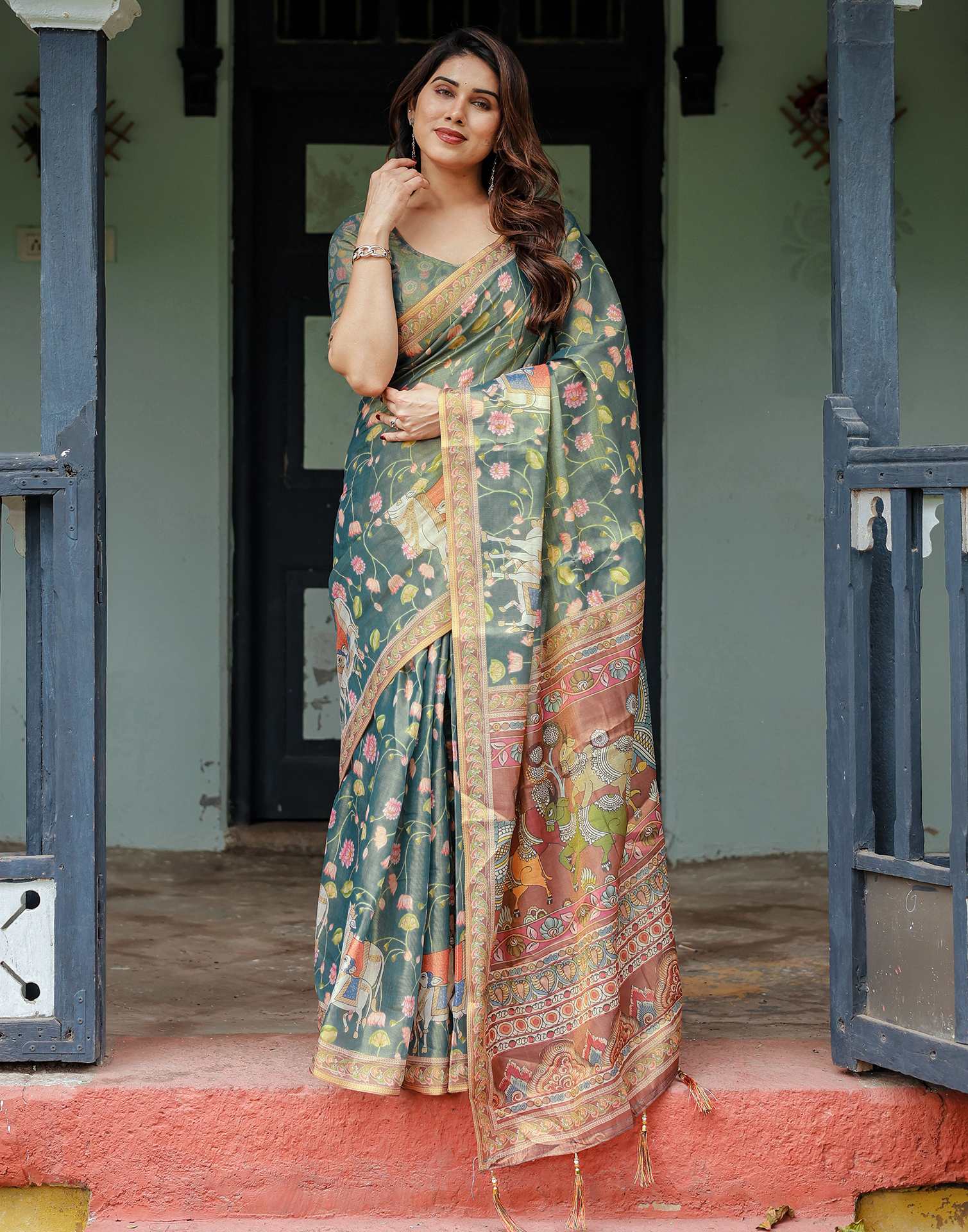Teal Green Shimmer Silk Printed Kalamkari Saree