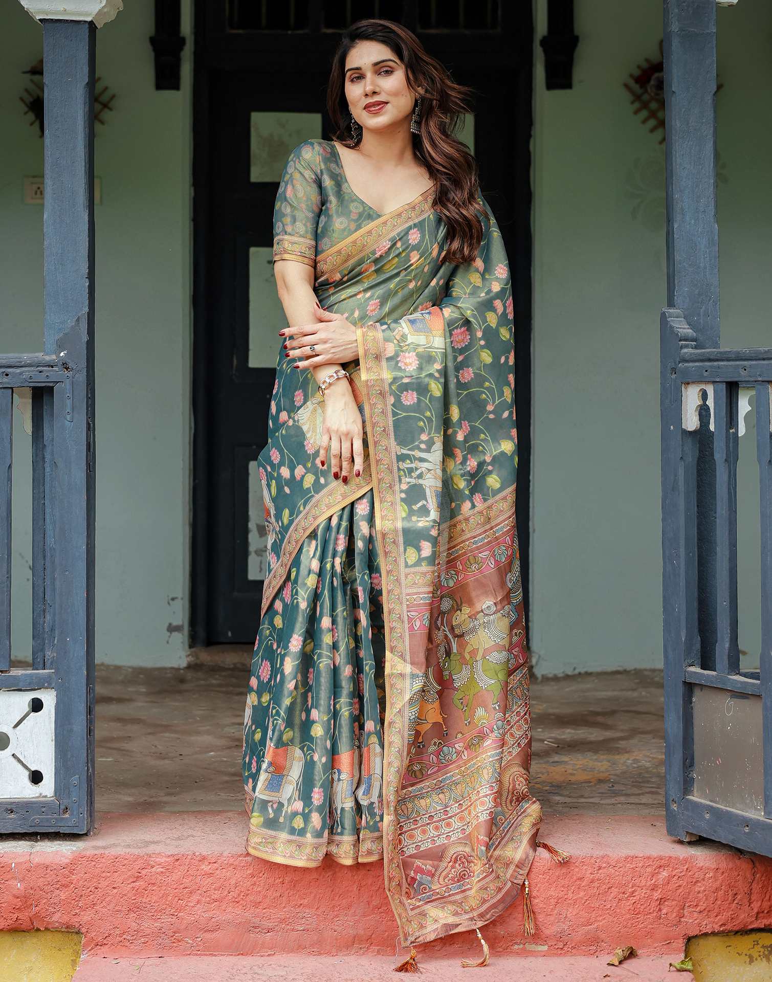 Teal Green Shimmer Silk Printed Kalamkari Saree