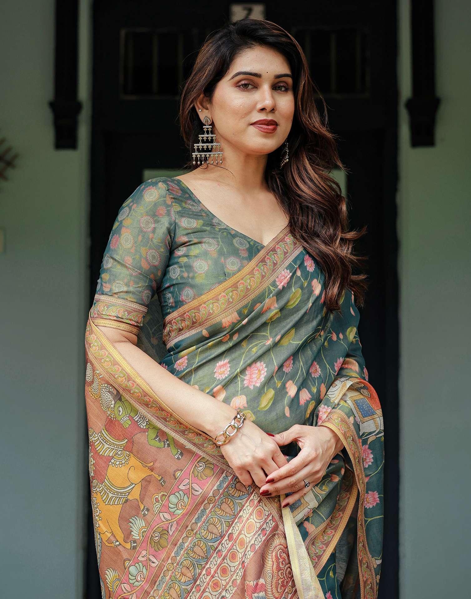 Teal Green Shimmer Silk Printed Kalamkari Saree