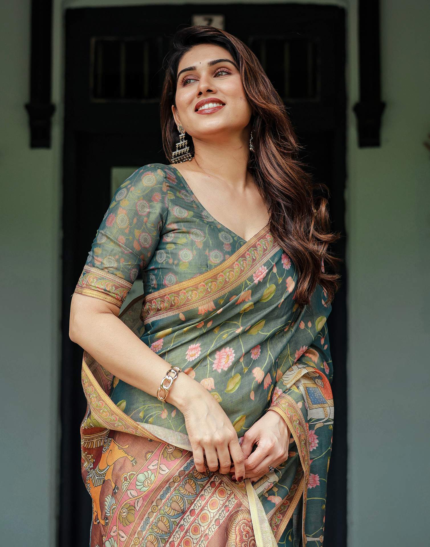 Teal Green Shimmer Silk Printed Kalamkari Saree