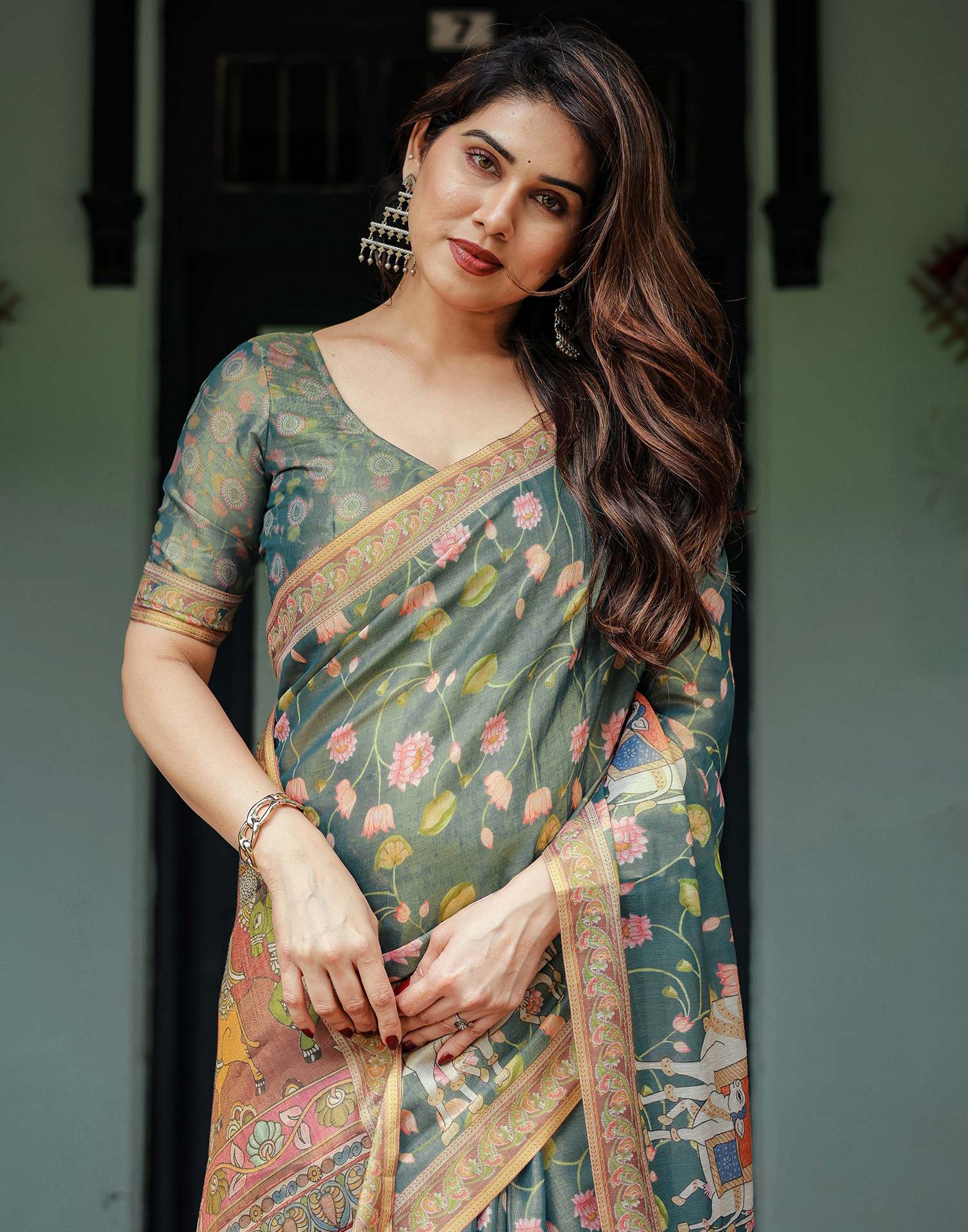 Teal Green Shimmer Silk Printed Kalamkari Saree