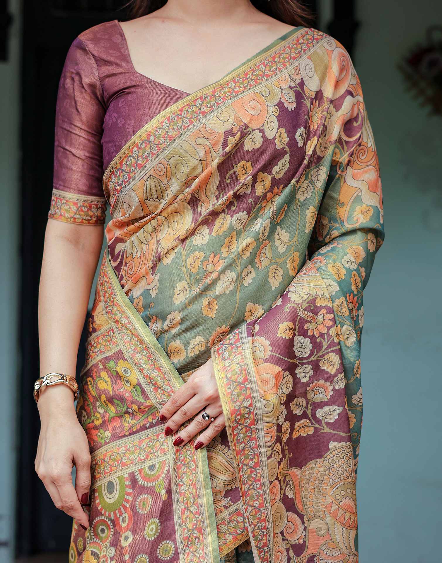 Teal Green Shimmer Silk Printed Saree