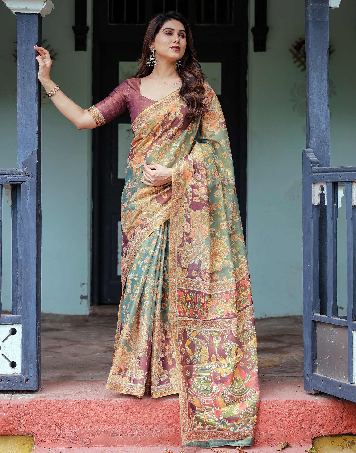 Teal Green Shimmer Silk Printed Saree