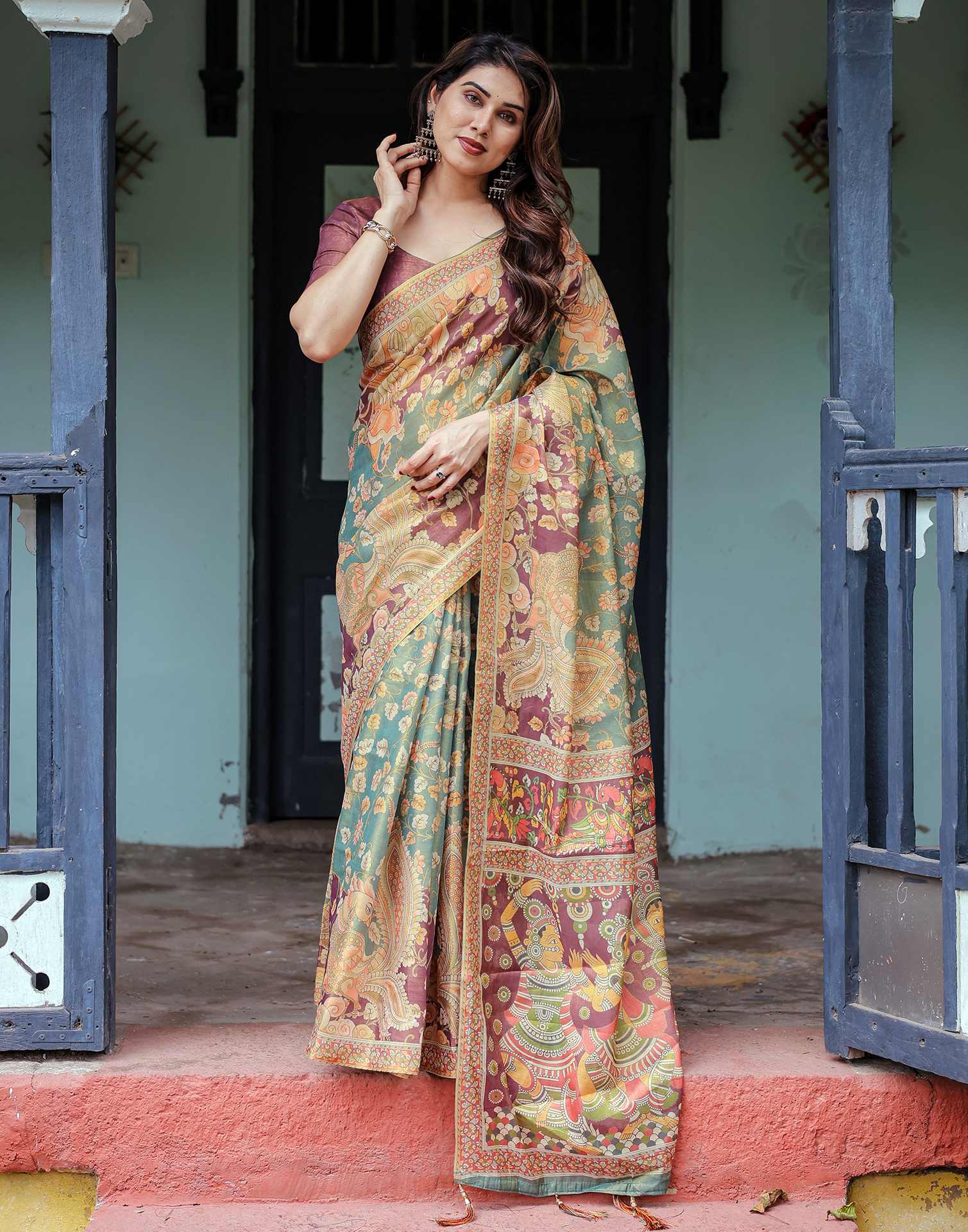 Teal Green Shimmer Silk Printed Saree