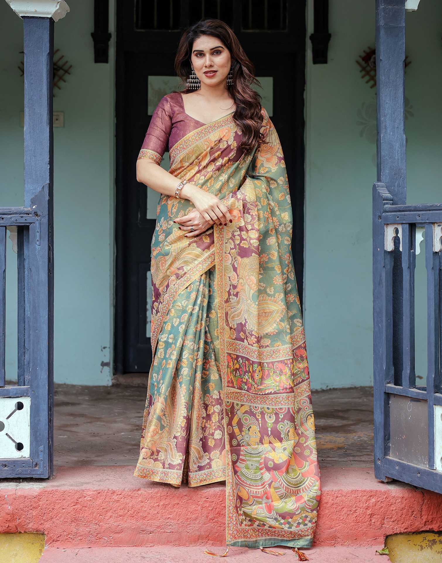 Teal Green Shimmer Silk Printed Saree