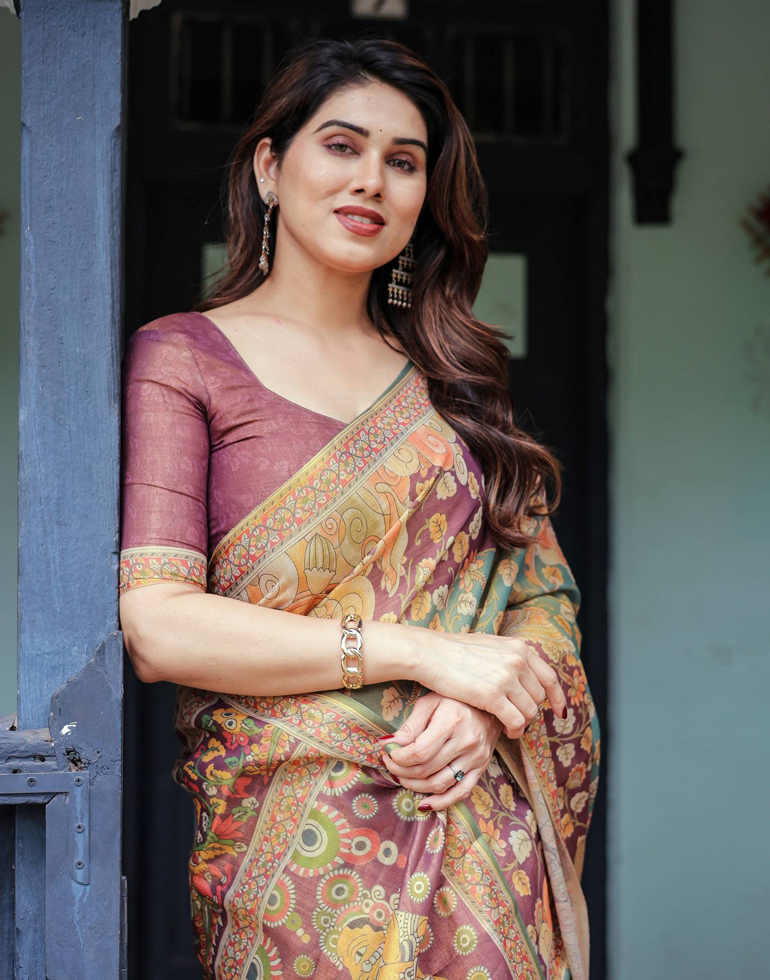 Teal Green Shimmer Silk Printed Saree