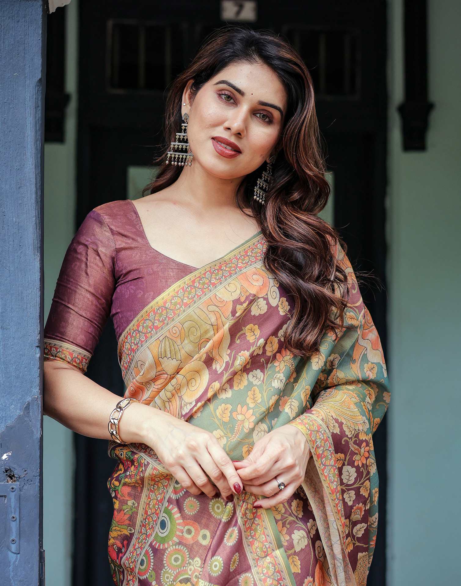 Teal Green Shimmer Silk Printed Saree