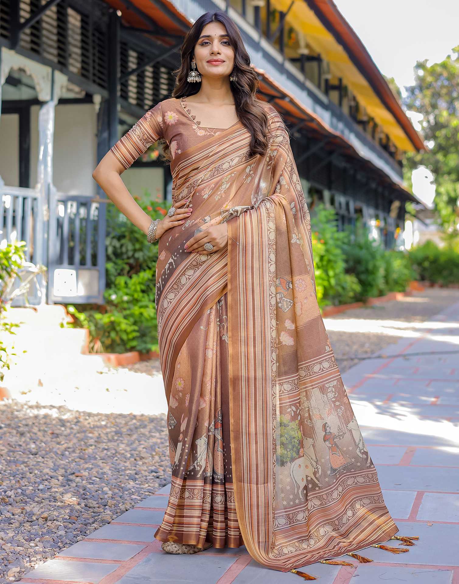 Brown Shimmer Silk Printed Saree