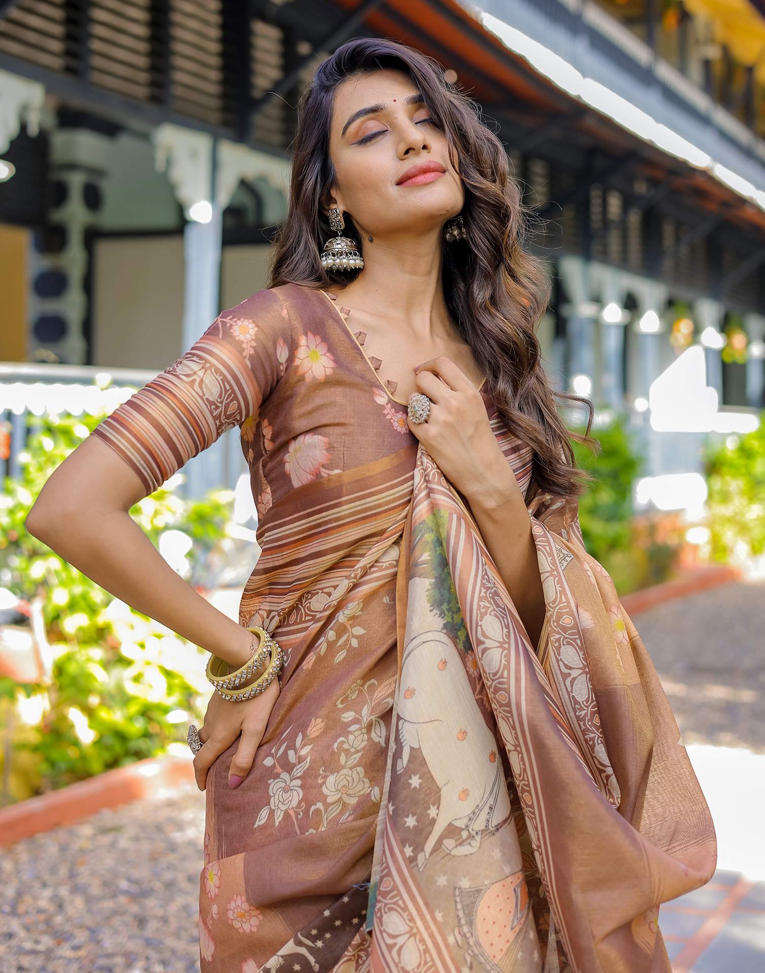 Brown Shimmer Silk Printed Saree