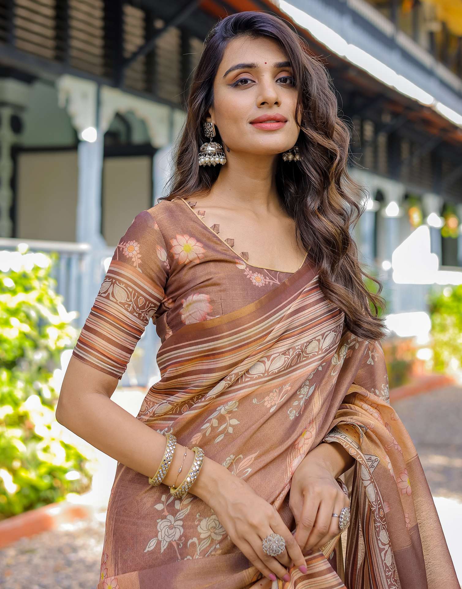 Brown Shimmer Silk Printed Saree